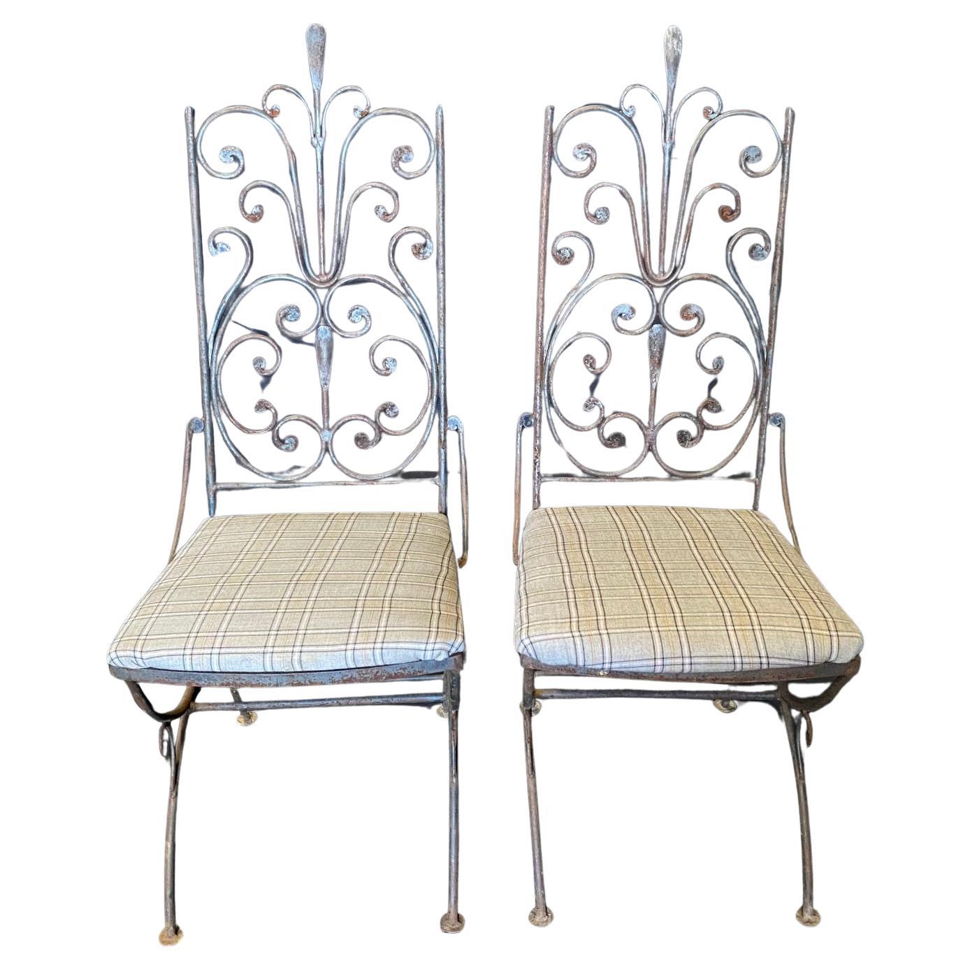  Pair of Vintage Salterini Umanoff Style Iron Scroll Back Dining Side Chairs For Sale