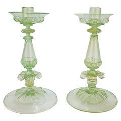 Pair of Vintage Salviati Venetian or Murano Green Glass Floral Candlesticks
