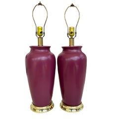 Par de lámparas de mesa vintage «Sang de Boeuf» de cerámica esmaltada en color rojo sangre y latón
