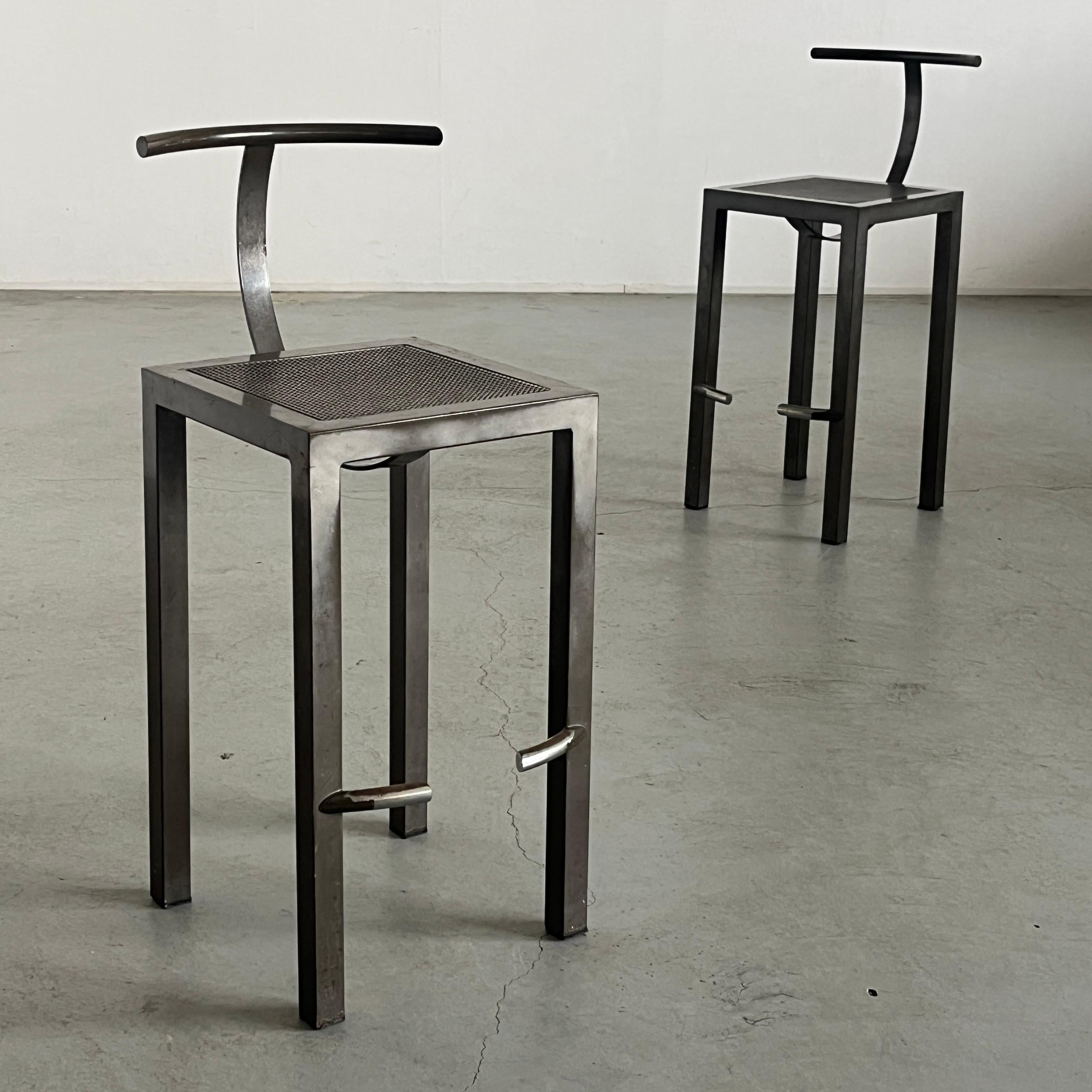 Postmoderne Paire de tabourets de bar en métal Vintage 'Sarapis' par Philippe Starck pour Driade, 1986 en vente