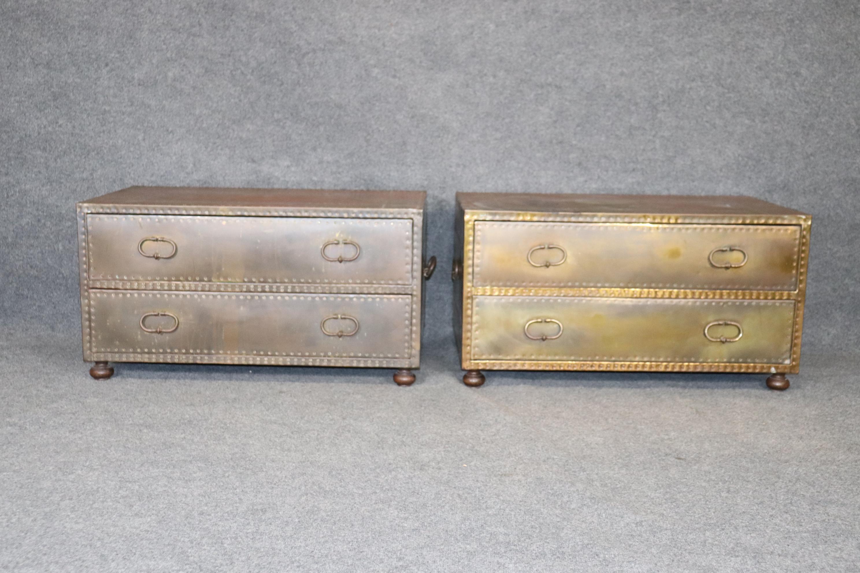Mid-Century Modern Pair of Vintage Sarried Ltd Brass Clad and Copper Nail Coffee Table Trunks