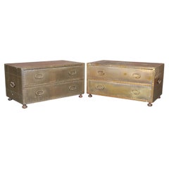 Pair of Vintage Sarried Ltd Brass Clad and Copper Nail Coffee Table Trunks