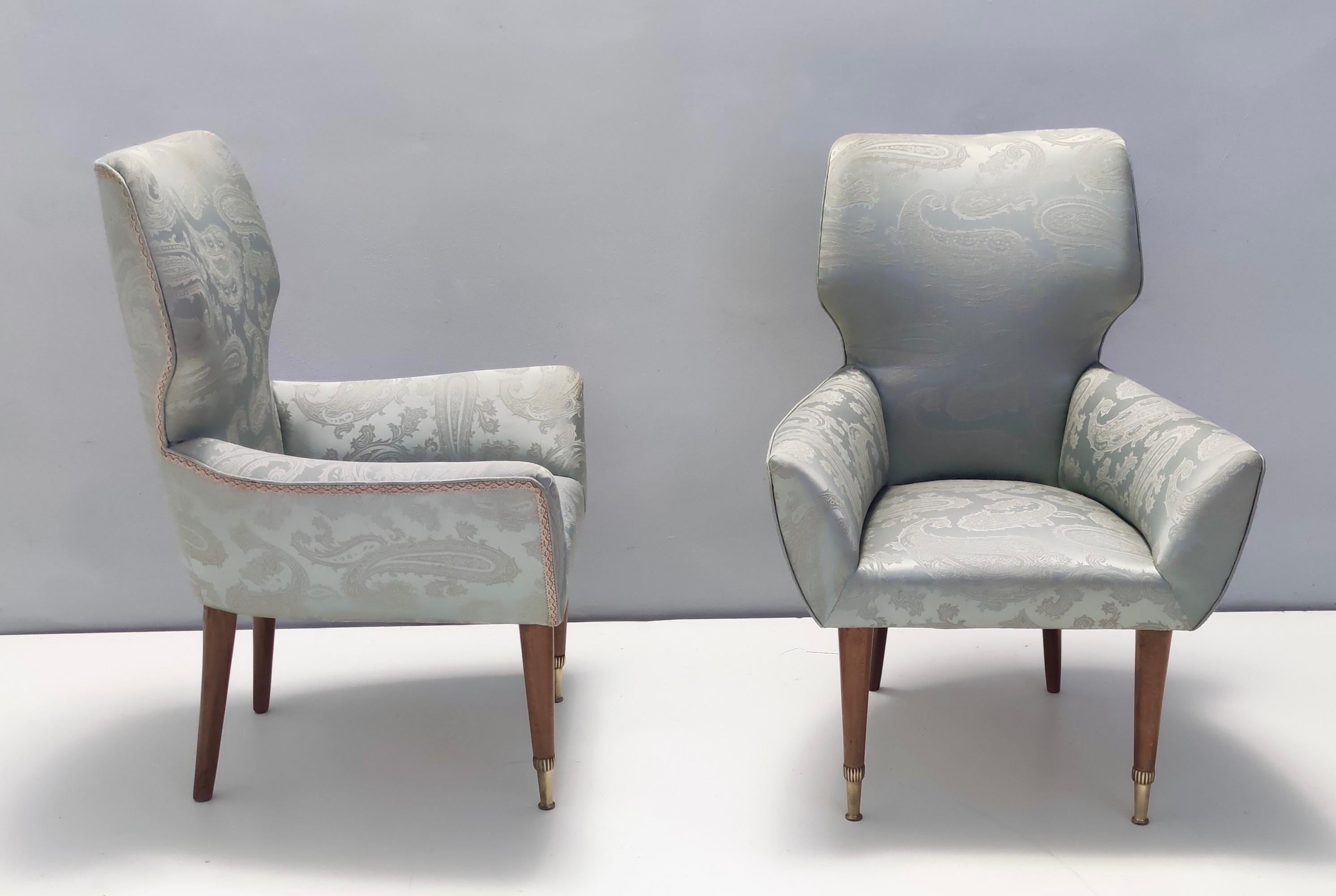 Italian Pair of Vintage Satin Lounge Chairs with Walnut Frame and Brass Feet Caps, Italy For Sale