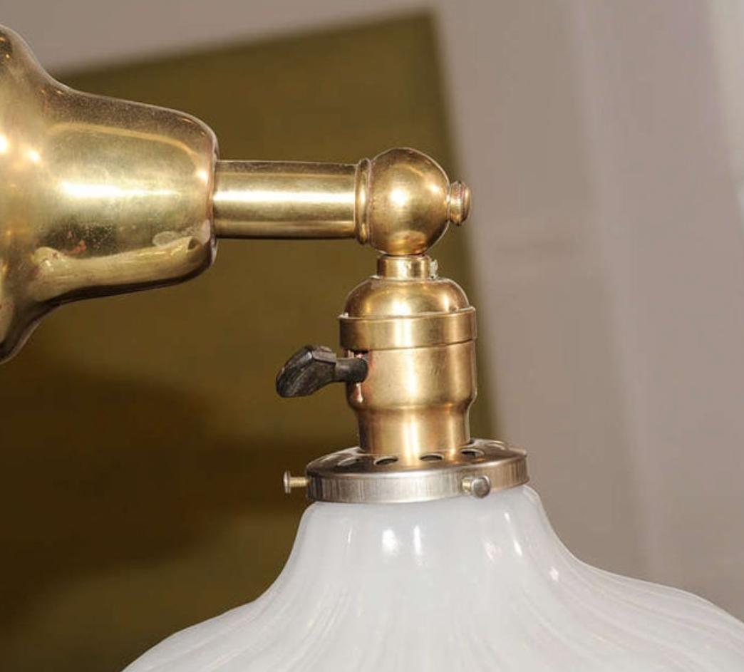 American Pair of Vintage Scalloped Milk Glass & Brass Wall Sconces