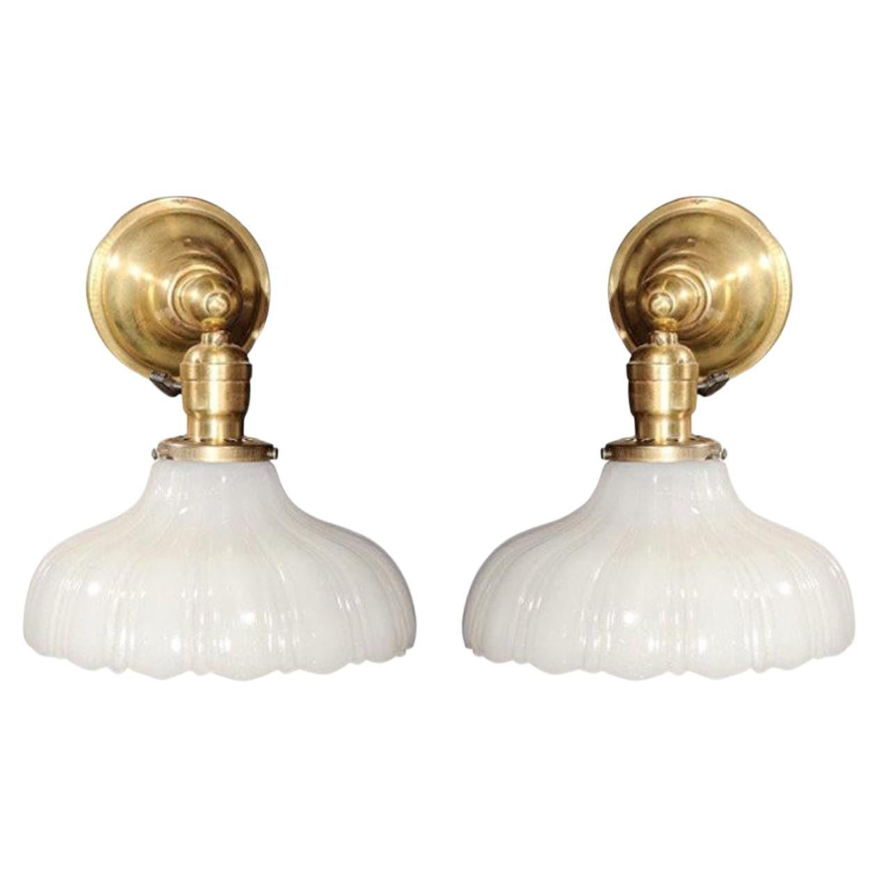 Pair of Vintage Scalloped Milk Glass & Brass Wall Sconces For Sale