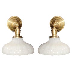 Pair of Antique Scalloped Milk Glass & Brass Wall Sconces