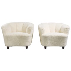 Pair of Vintage Scandinavian Armchairs, White Shearling Upholstery