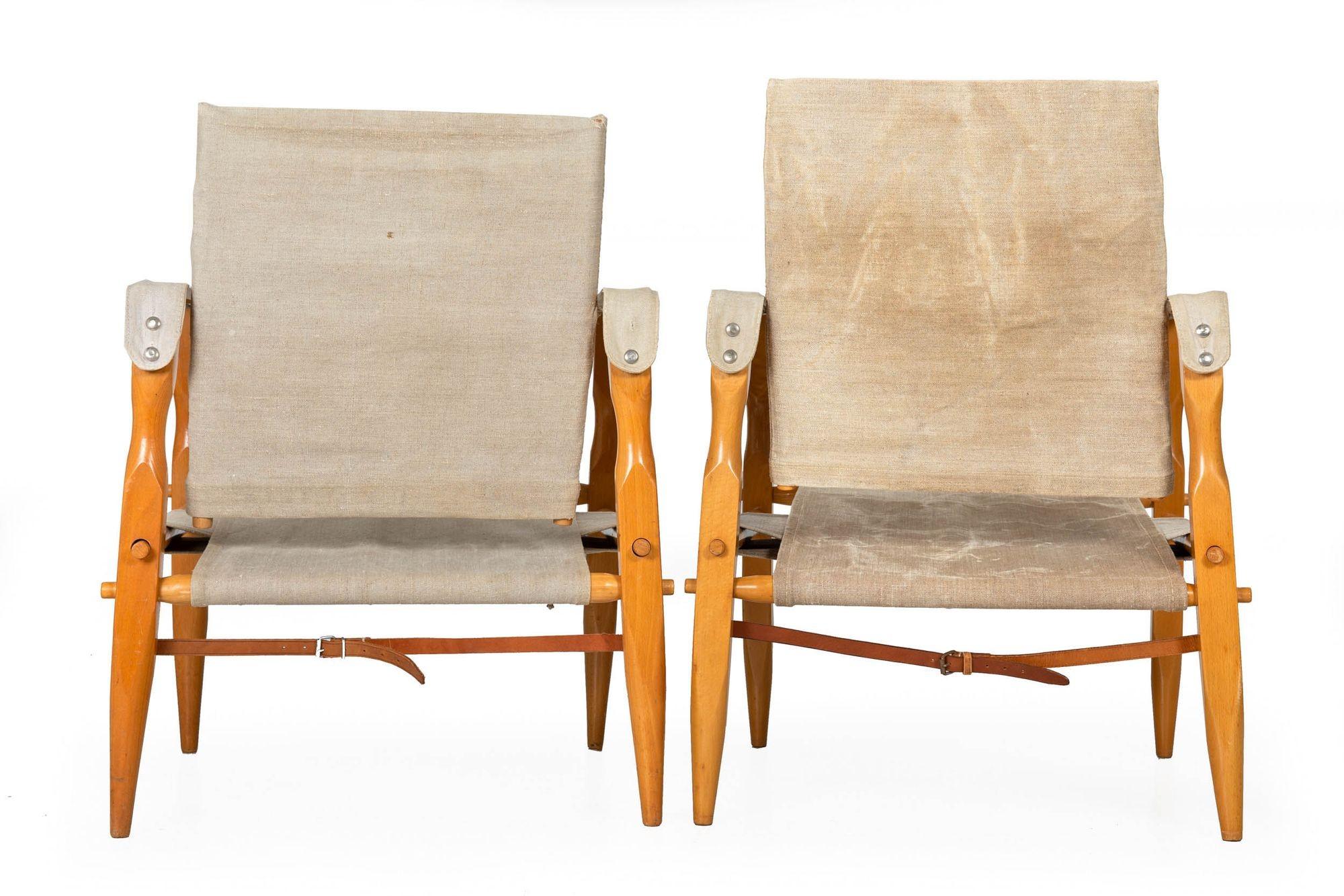 Mid-Century Modern Pair of Vintage Scandinavian Beechwood and Canvas Safari Chairs, circa 1970s