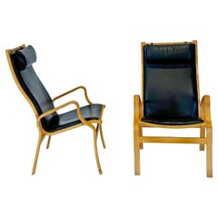 Pair of vintage scandinavian danish lounge chairs, bentwood and black leather