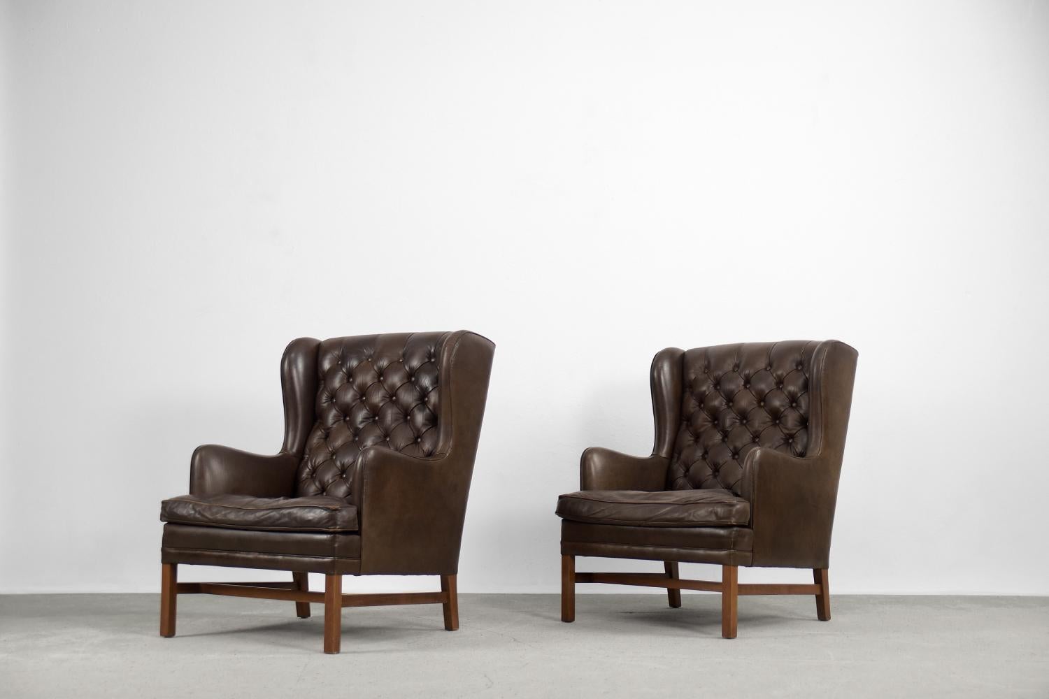 Swedish Pair of Vintage Scandinavian Executive Leather&Quilted Wing Chairs by OPE Möbler