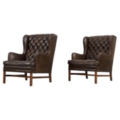 Pair of Vintage Scandinavian Executive Leather&Quilted Wing Chairs by OPE Möbler