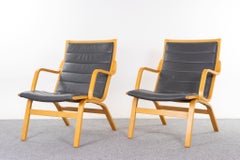 Pair of Vintage Scandinavian Leather & Beech Lounge Chairs