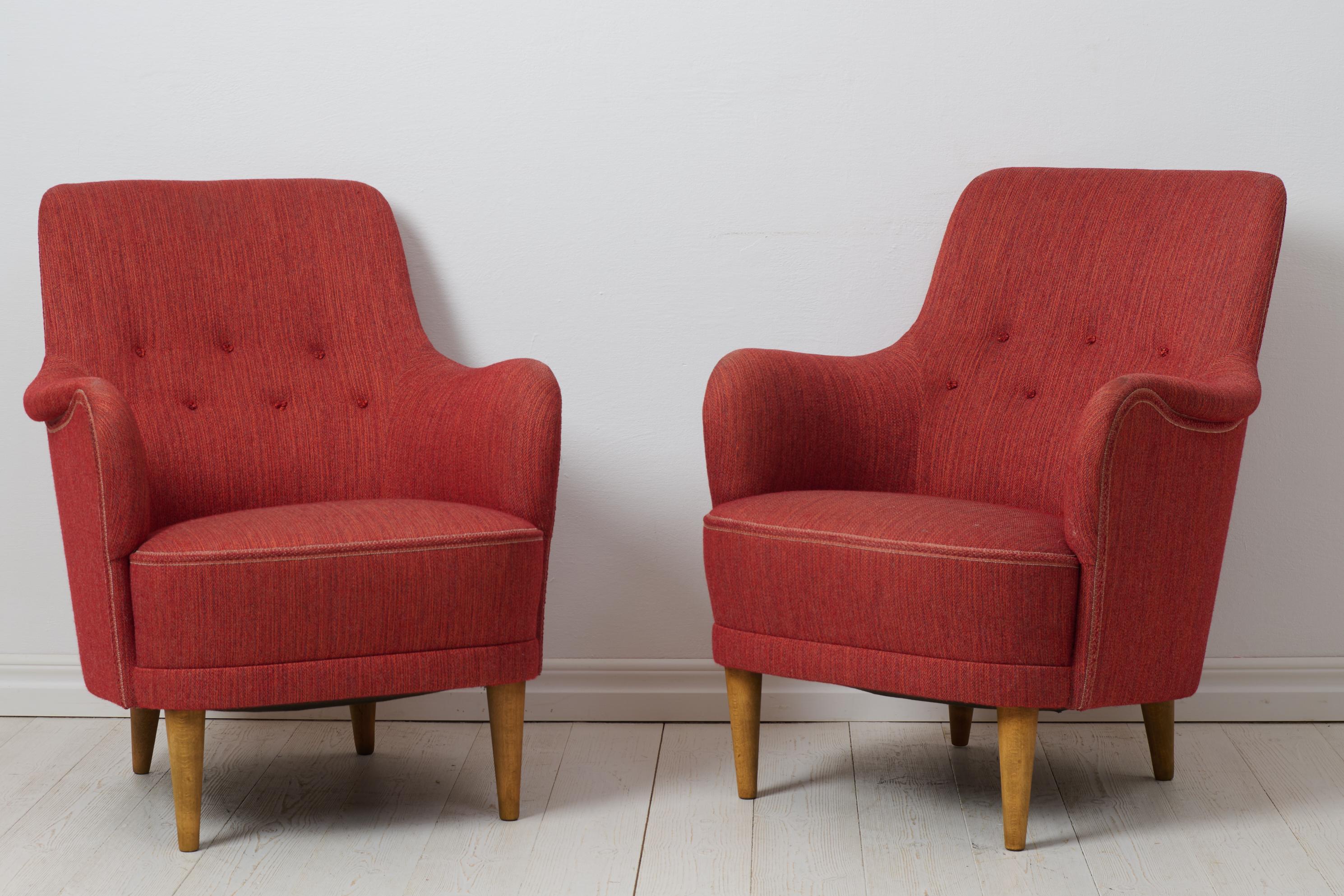 Fabric Pair of Vintage Scandinavian Modern Carl Malmsten Samsas Original Armchairs  For Sale
