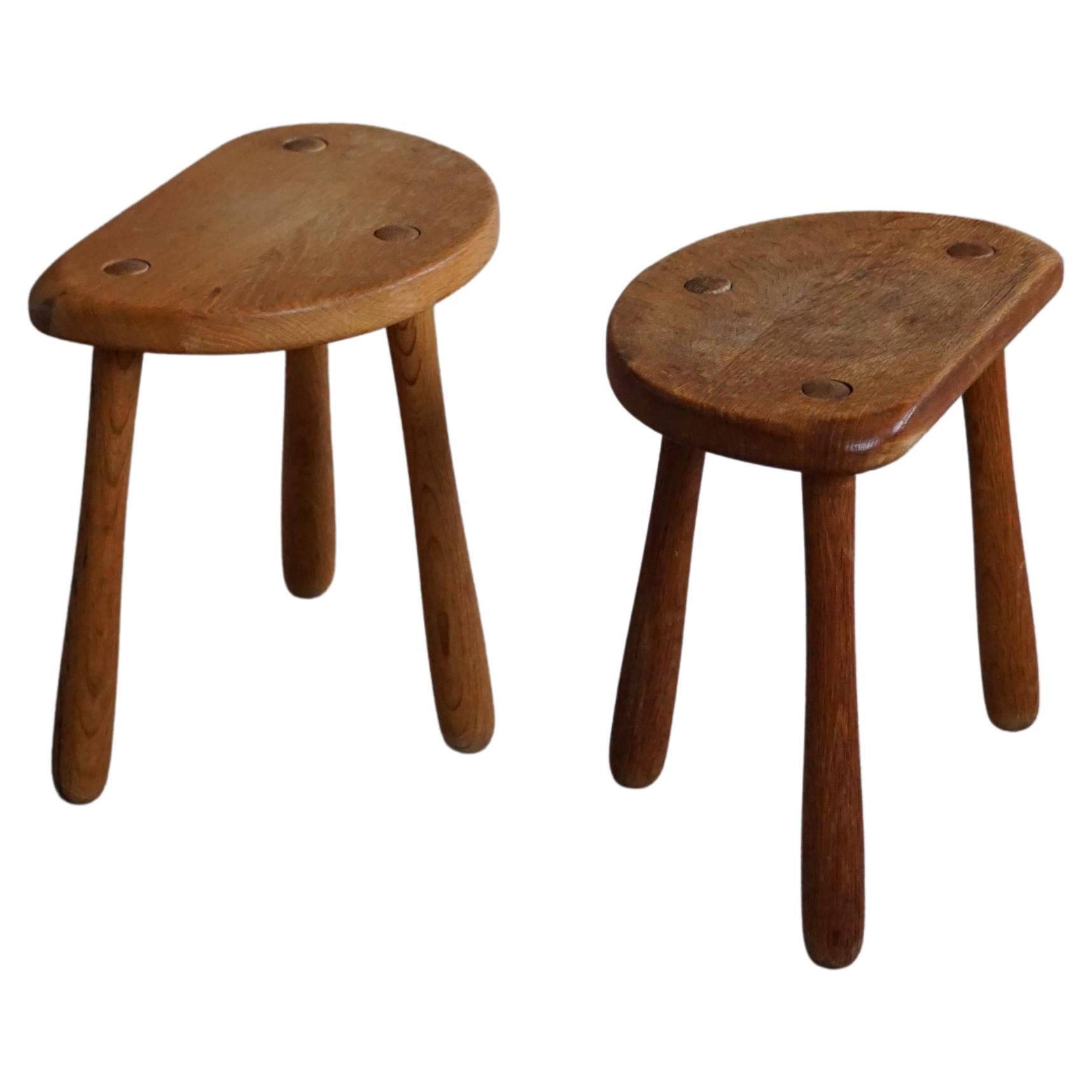 Pair of Vintage Scandinavian Modern Solid Tripod Wooden Oak Stools, 1960s