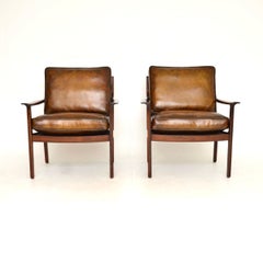 Pair of Vintage Scandinavian Rosewood and Leather Armchairs by Frederik Kayser