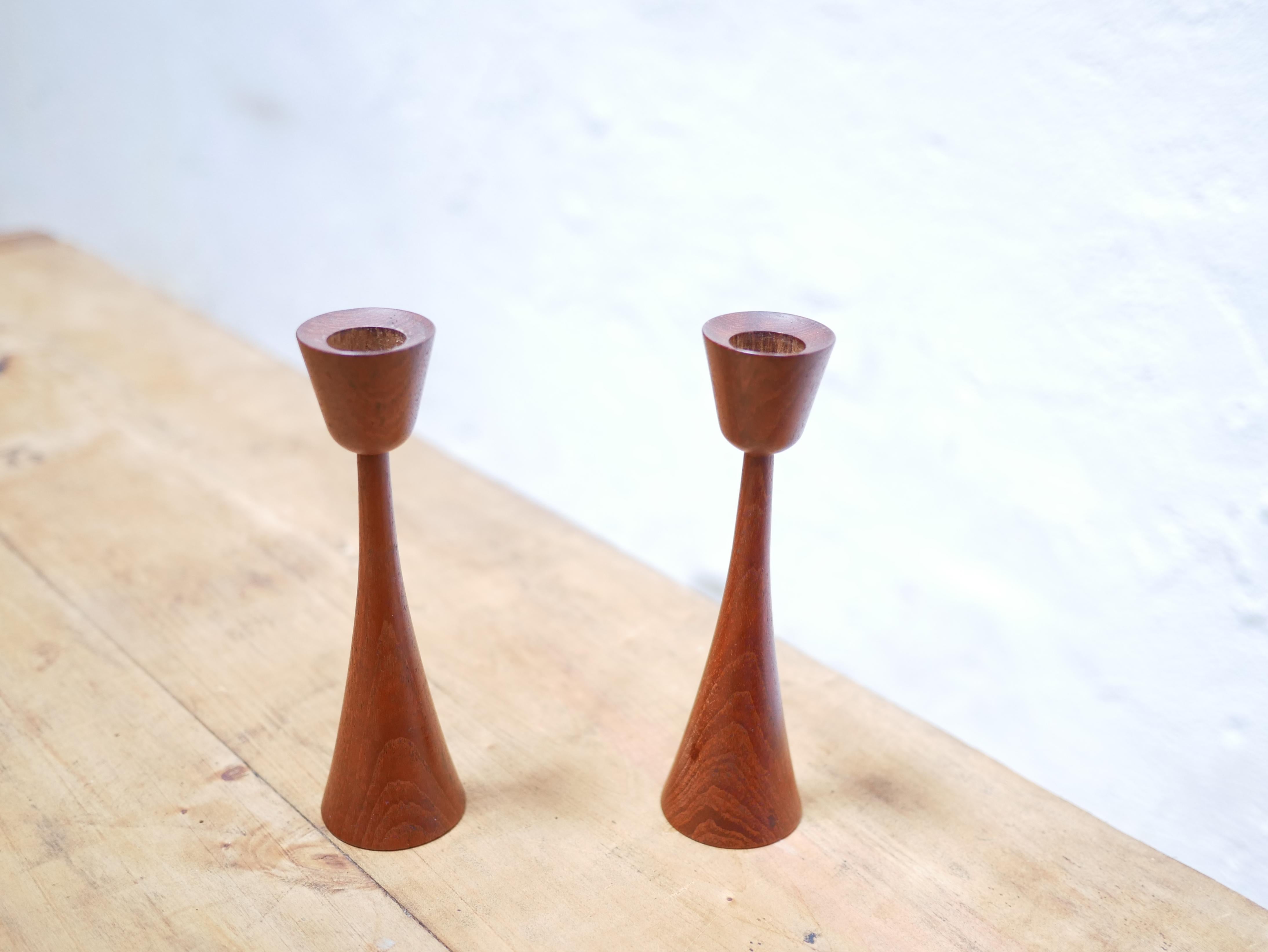 Wood Pair of Vintage Scandinavian Teak Candlesticks For Sale