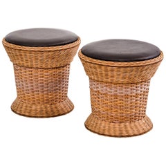 Pair of Vintage Scandinavian Wicker Stools with Leather Seat Pads