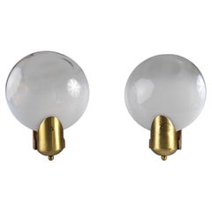 Pair of vintage sconces in wood, brass and oval two-tone glass Italy 1970s