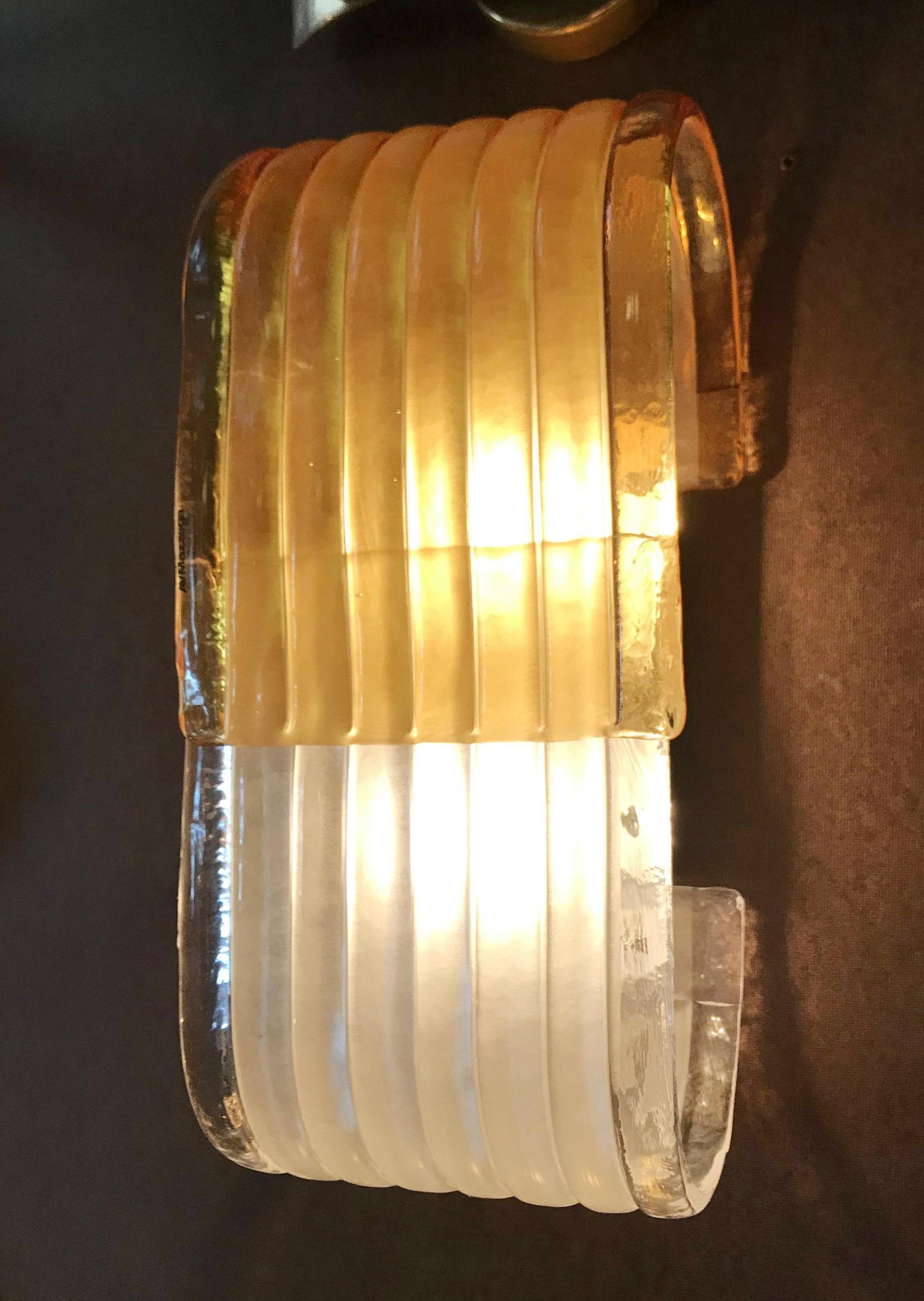 Pair of Vintage Sconces w/ Amber & Frosted Murano Glass by Mazzega, 1970s In Good Condition In Los Angeles, CA