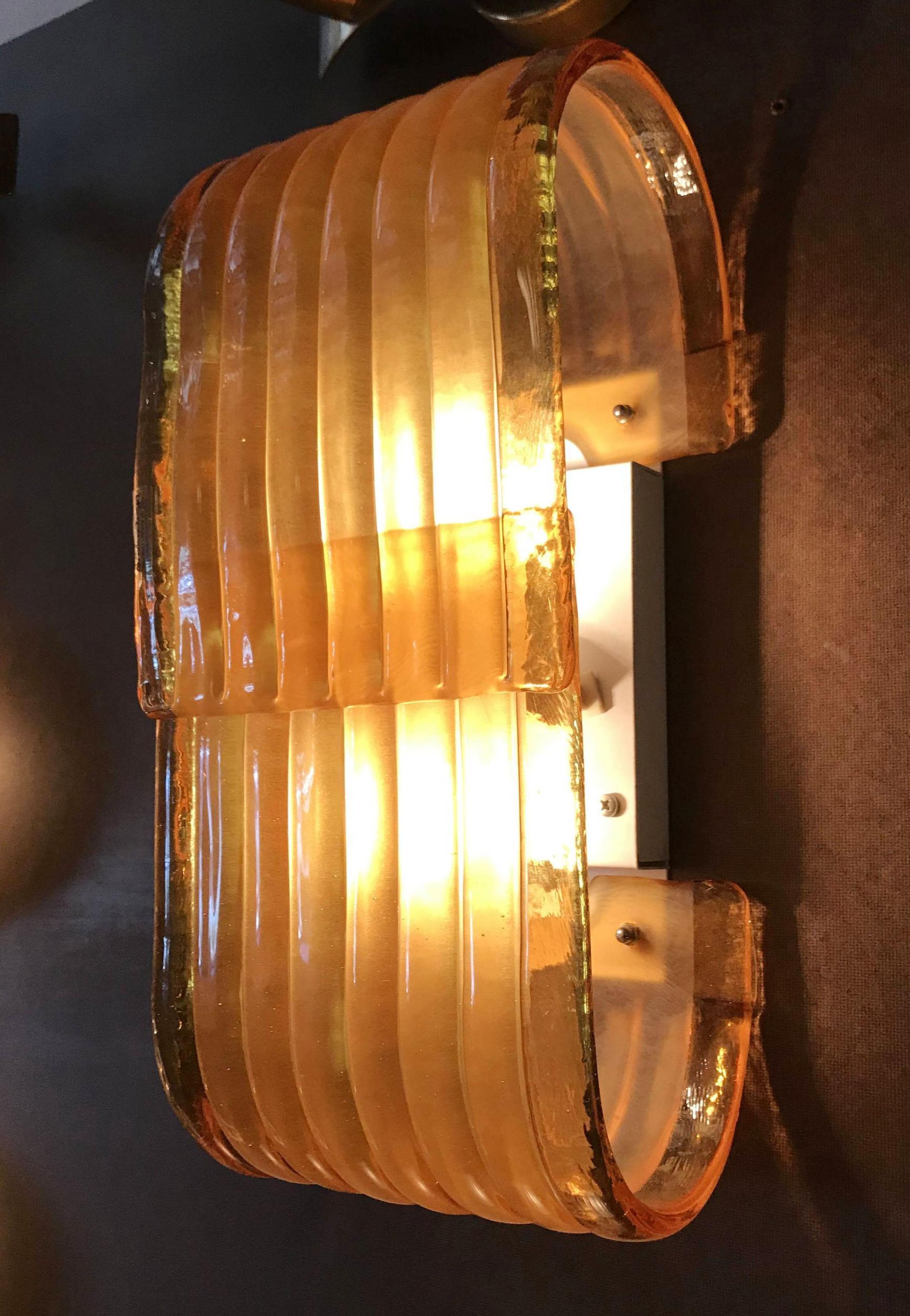 Pair of Vintage Sconces w/ Amber & Frosted Murano Glass by Mazzega, 1970s 2