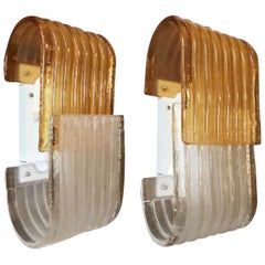 Pair of Vintage Sconces w/ Amber & Frosted Murano Glass by Mazzega, 1970s
