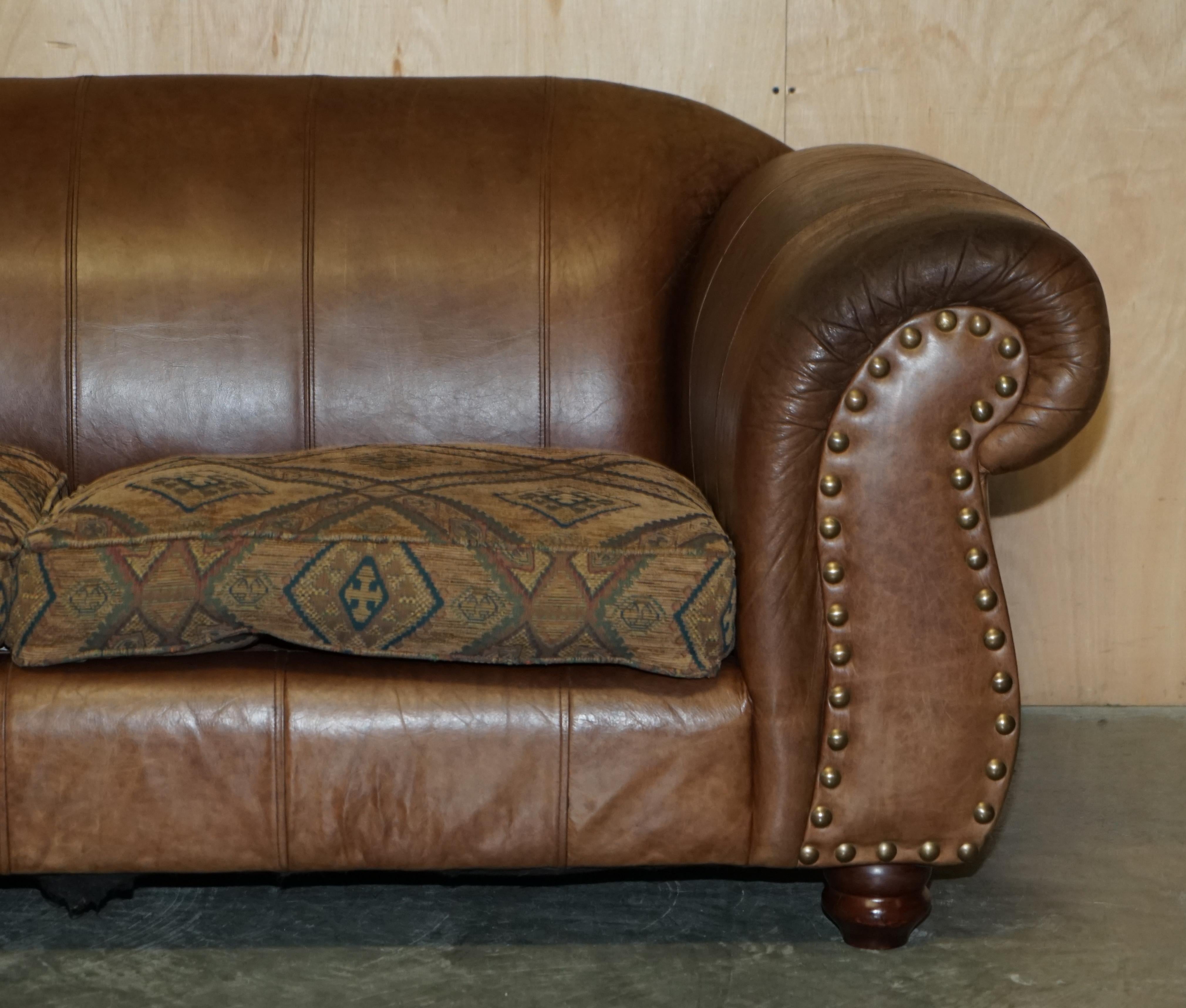 Pair of Vintage Scottish Castle Brown Leather Thomas Lloyd Sofas Kilim Cushions For Sale 6
