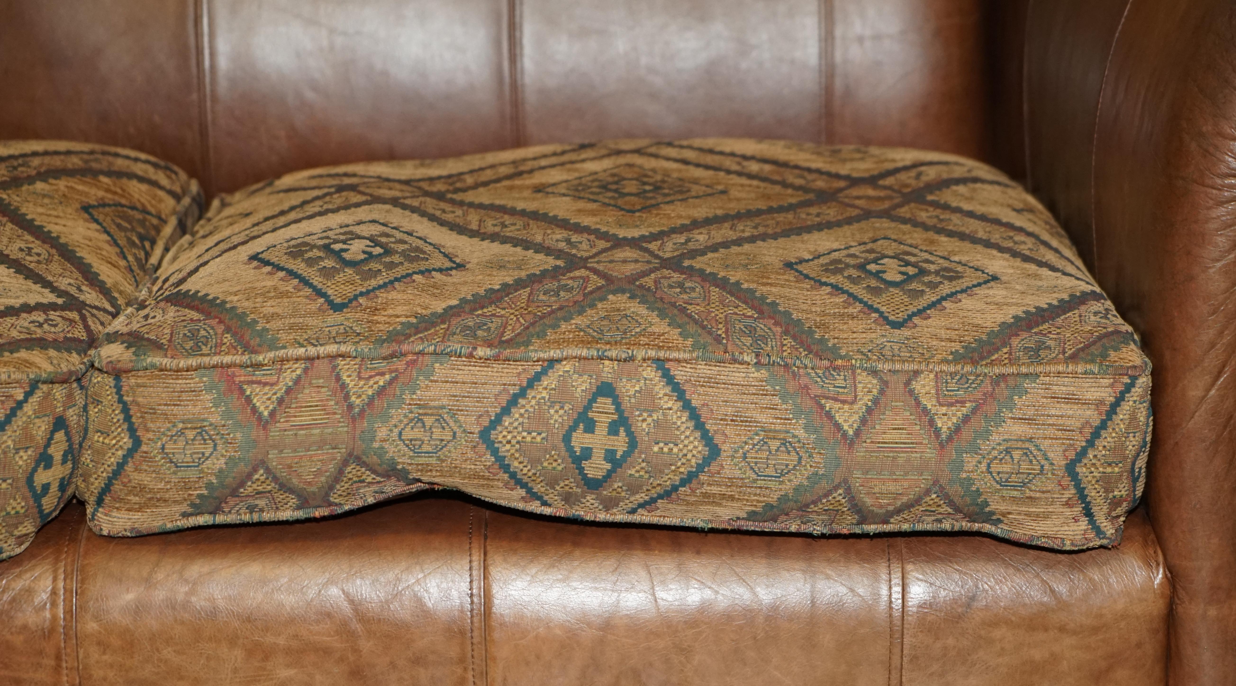 Pair of Vintage Scottish Castle Brown Leather Thomas Lloyd Sofas Kilim Cushions For Sale 7