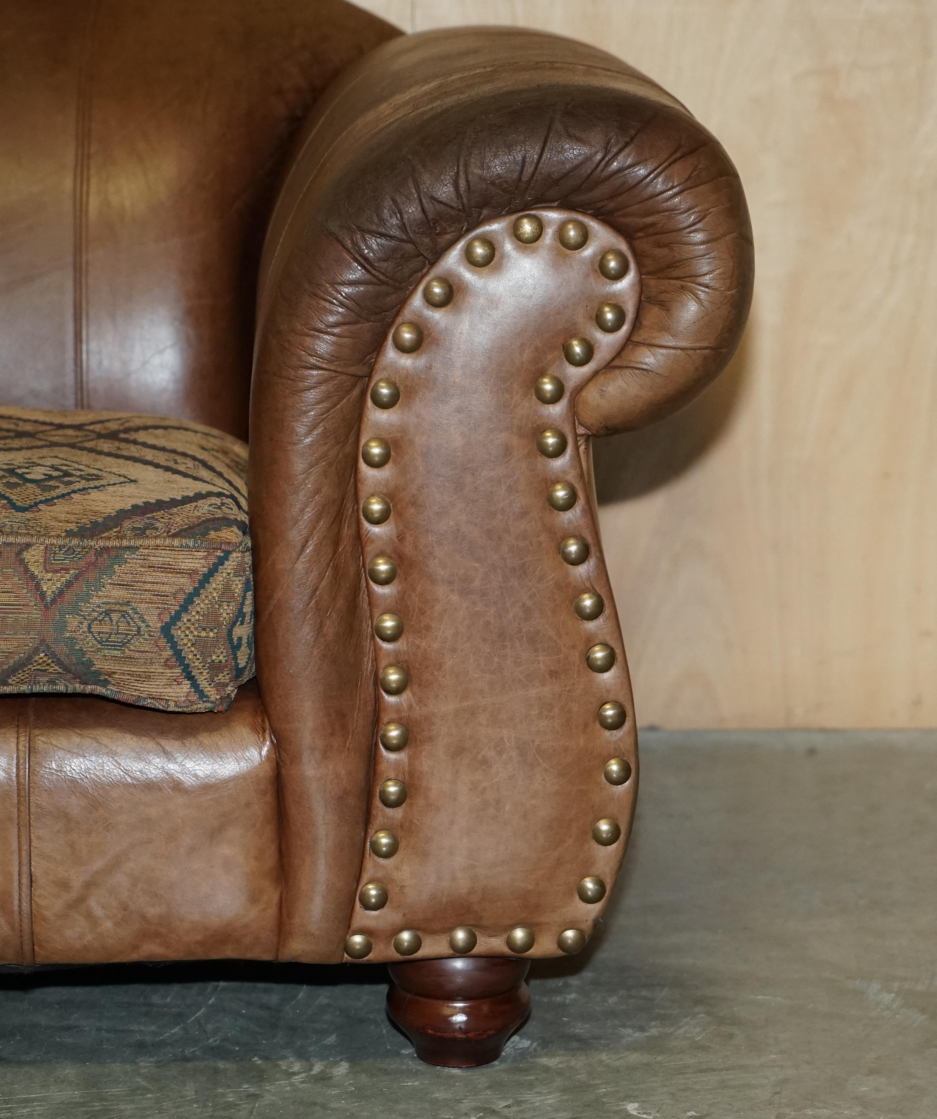 Pair of Vintage Scottish Castle Brown Leather Thomas Lloyd Sofas Kilim Cushions For Sale 8