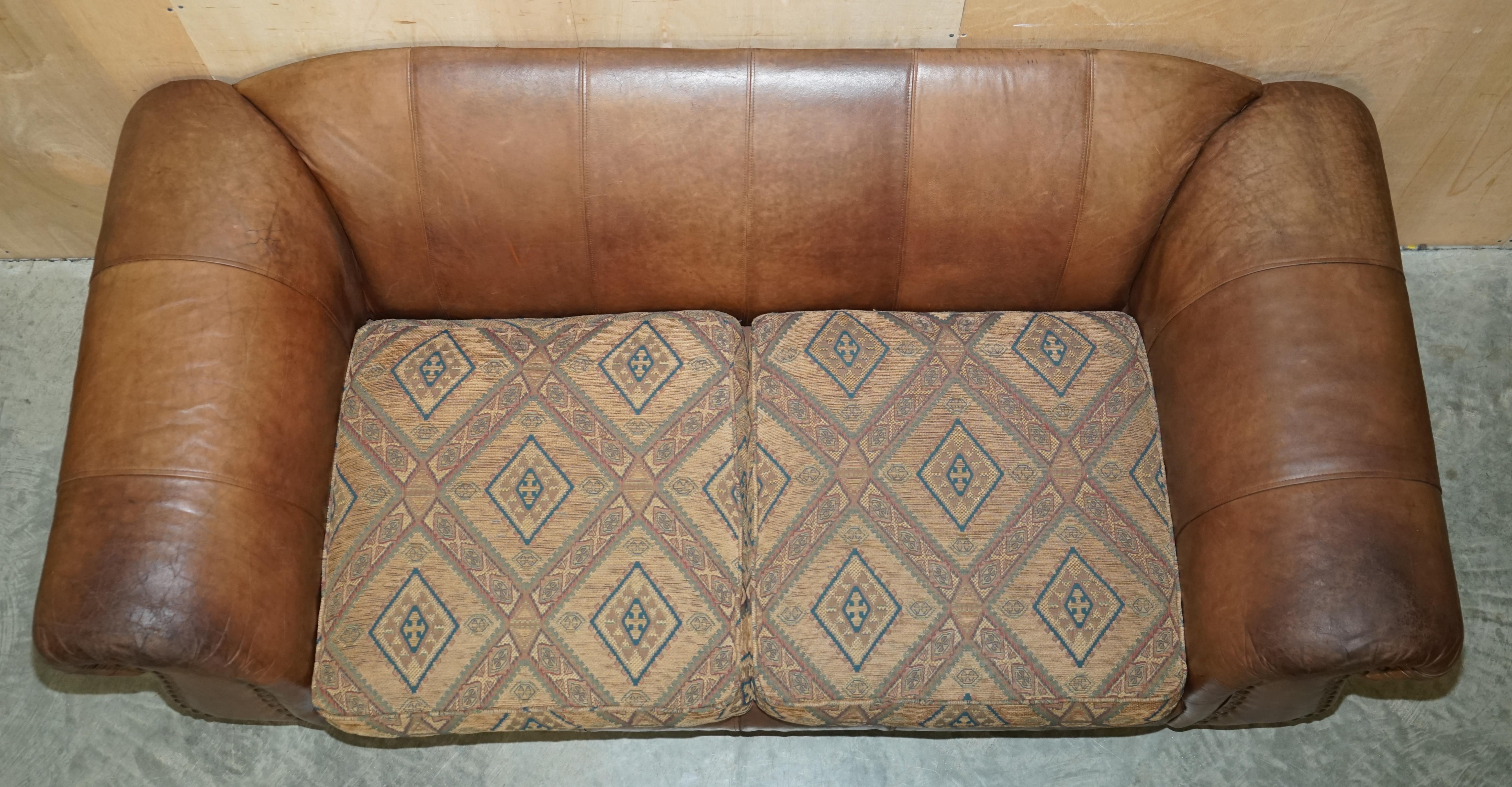 Pair of Vintage Scottish Castle Brown Leather Thomas Lloyd Sofas Kilim Cushions For Sale 9