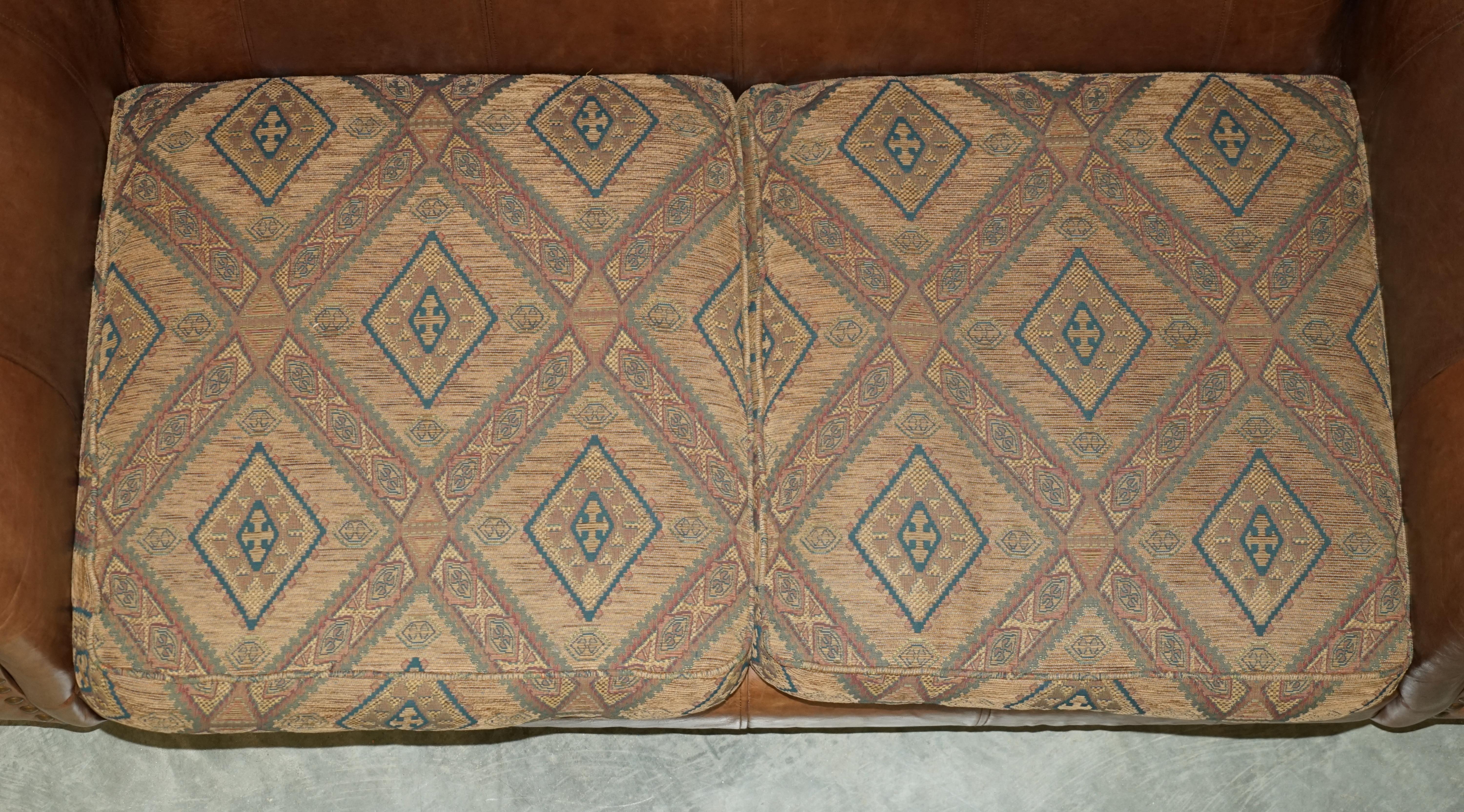 Pair of Vintage Scottish Castle Brown Leather Thomas Lloyd Sofas Kilim Cushions For Sale 10
