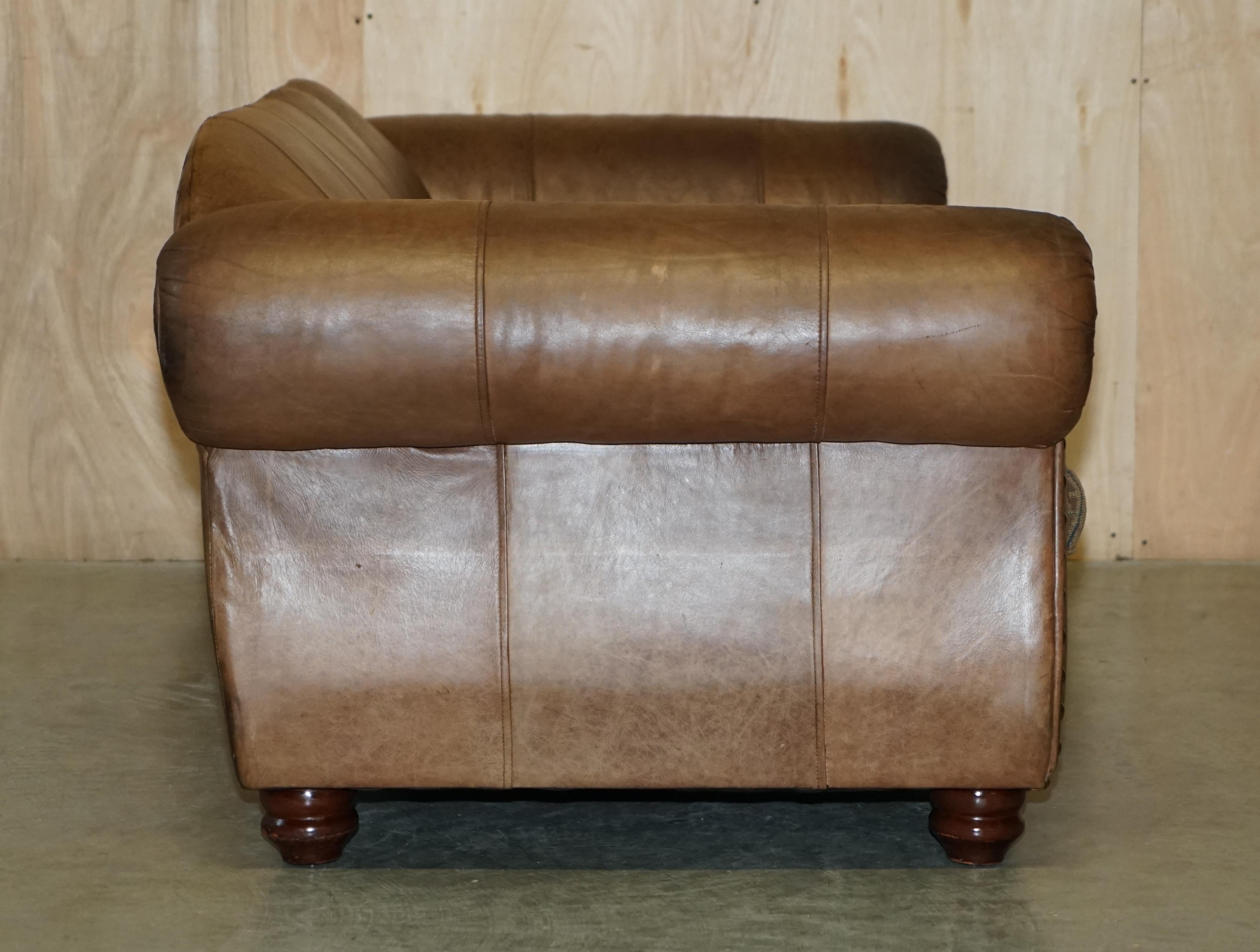 Pair of Vintage Scottish Castle Brown Leather Thomas Lloyd Sofas Kilim Cushions For Sale 11