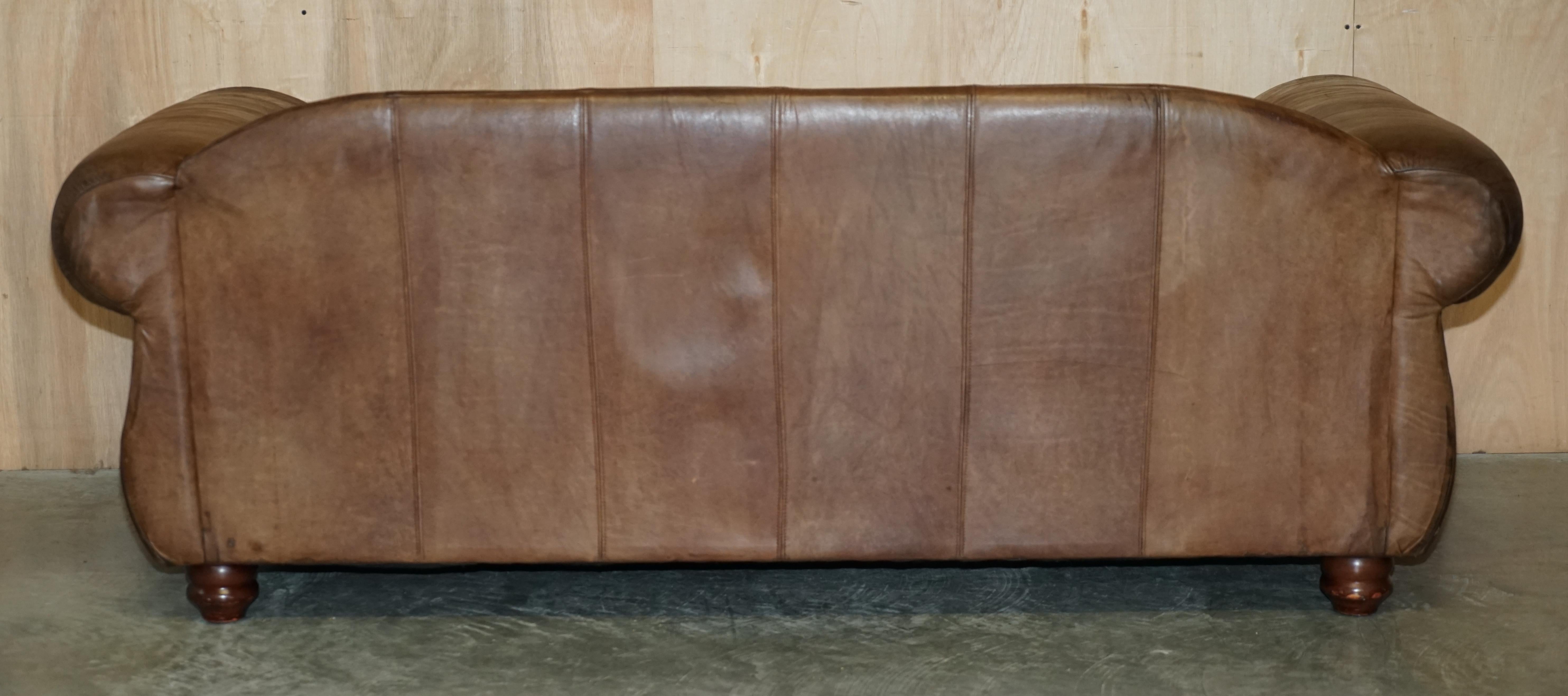 Pair of Vintage Scottish Castle Brown Leather Thomas Lloyd Sofas Kilim Cushions For Sale 12