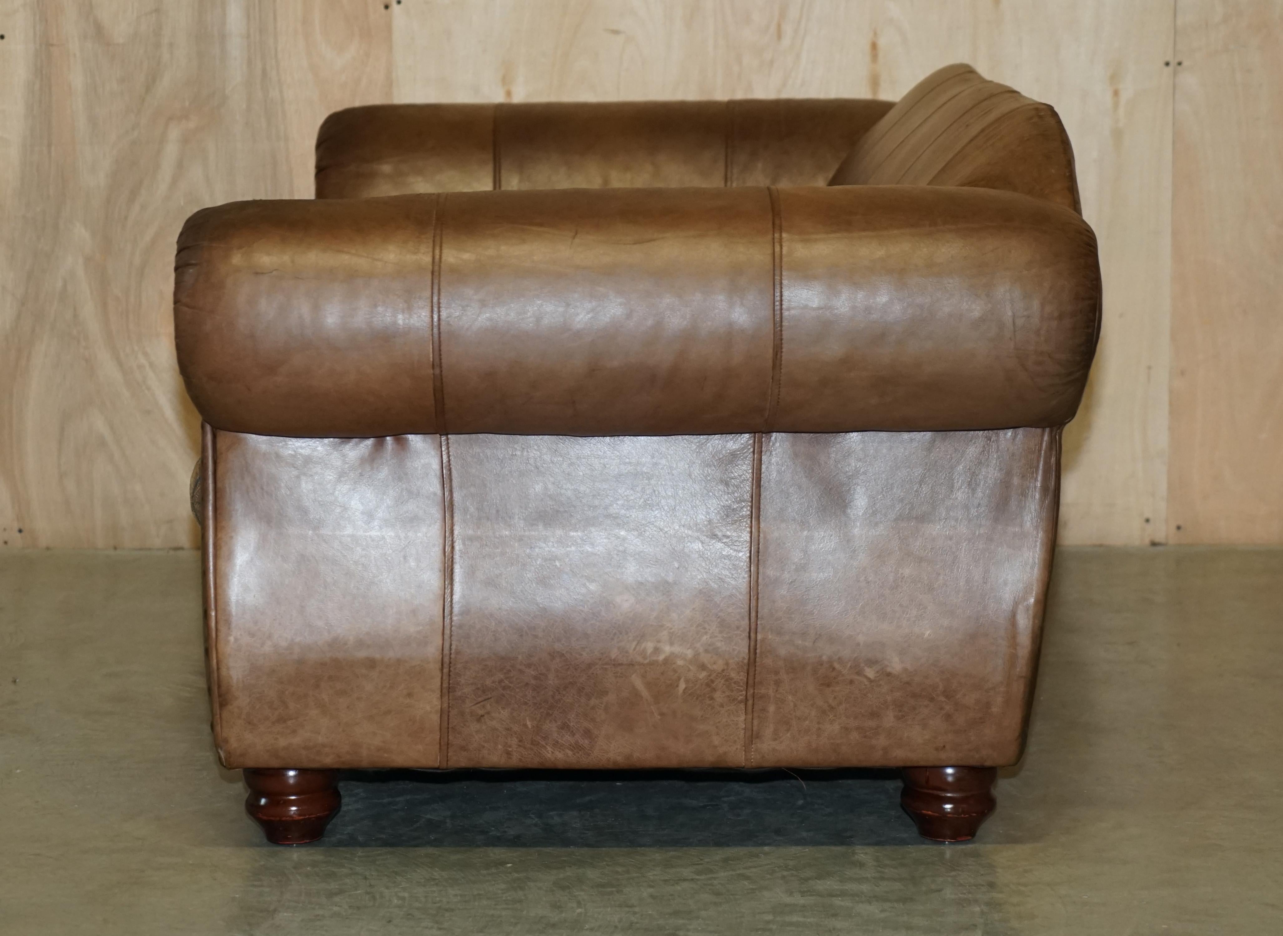 Pair of Vintage Scottish Castle Brown Leather Thomas Lloyd Sofas Kilim Cushions For Sale 13