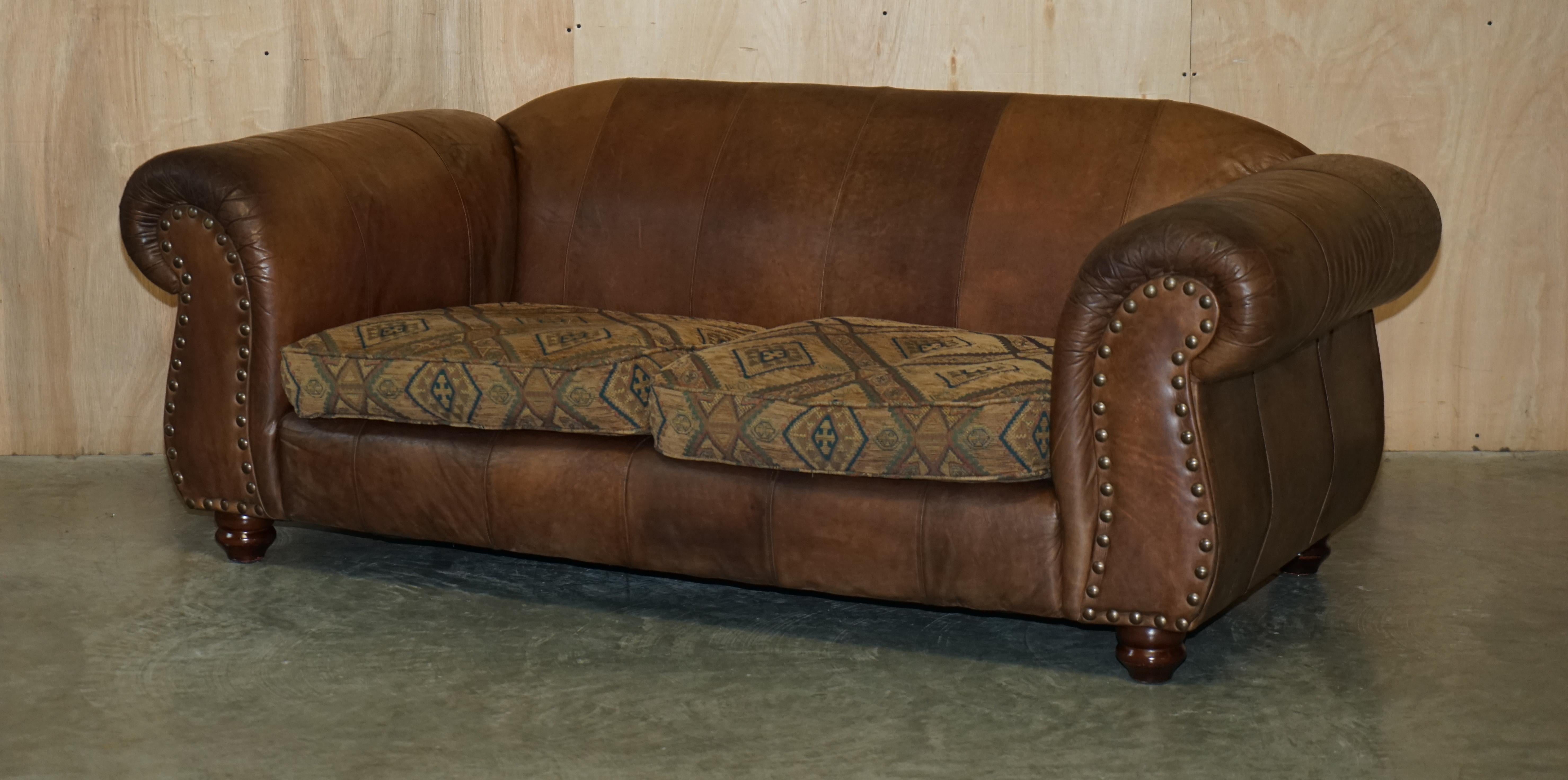 Pair of Vintage Scottish Castle Brown Leather Thomas Lloyd Sofas Kilim Cushions For Sale 14