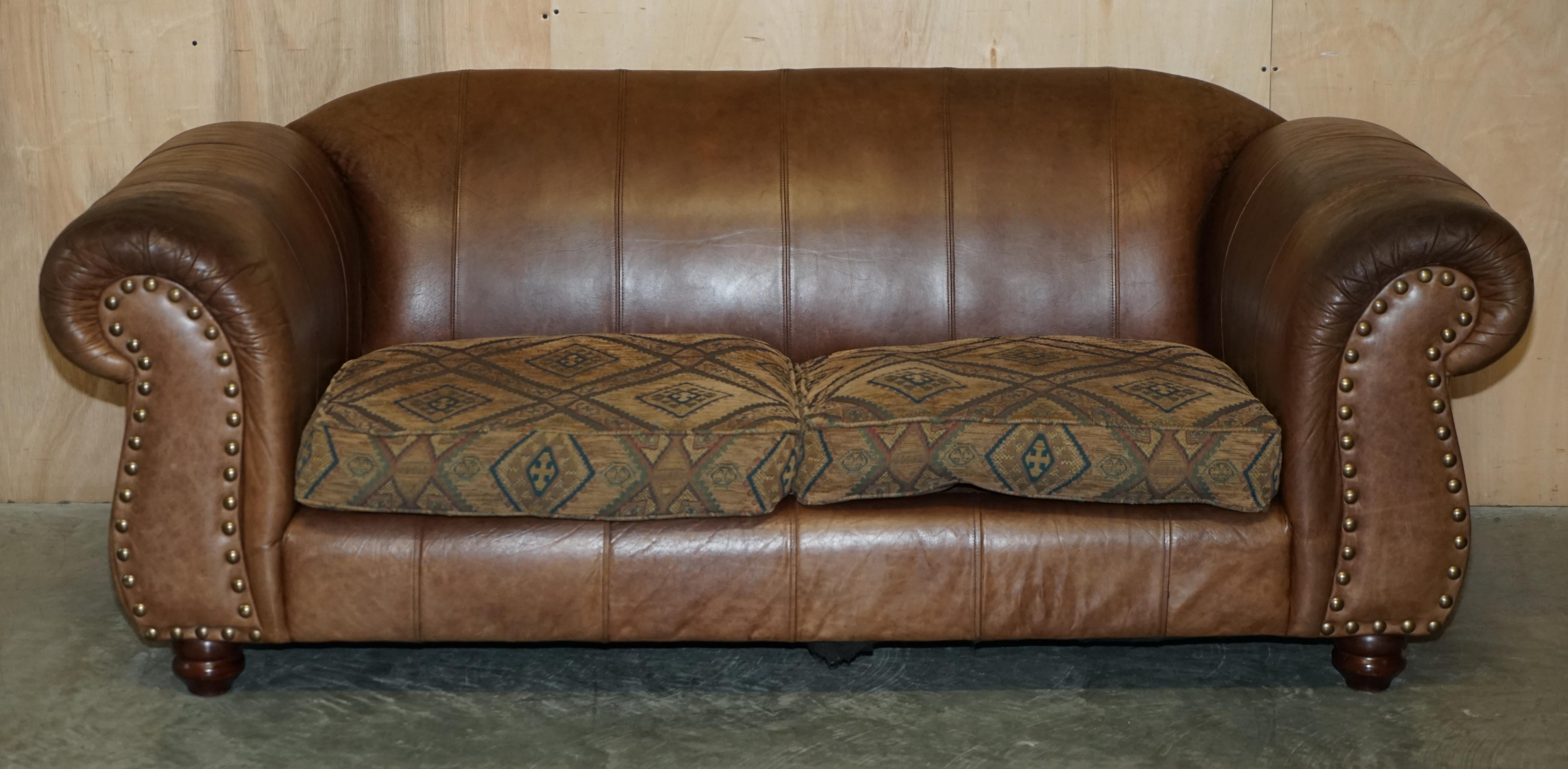 Hand-Crafted Pair of Vintage Scottish Castle Brown Leather Thomas Lloyd Sofas Kilim Cushions For Sale