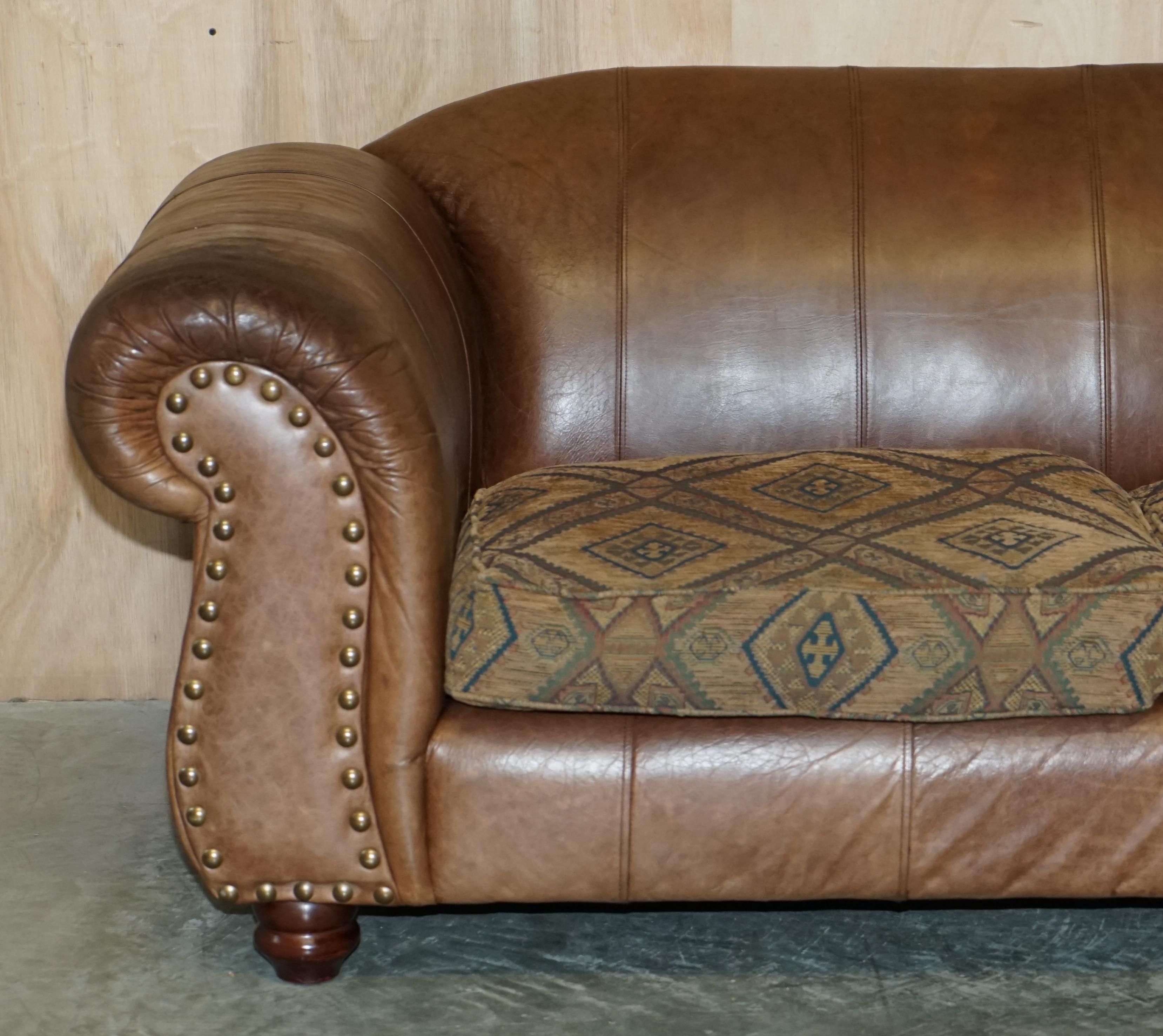 20th Century Pair of Vintage Scottish Castle Brown Leather Thomas Lloyd Sofas Kilim Cushions For Sale