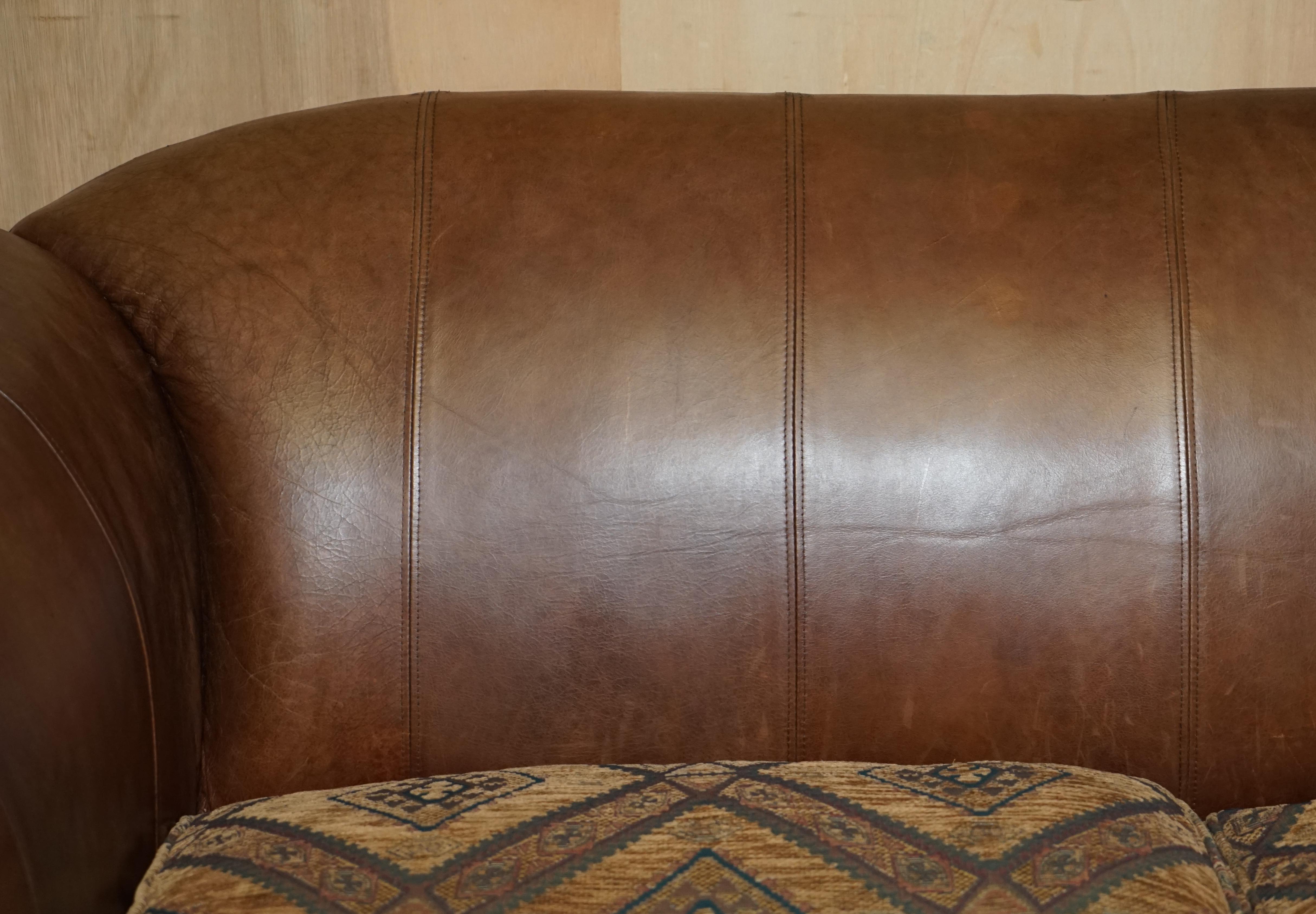 Pair of Vintage Scottish Castle Brown Leather Thomas Lloyd Sofas Kilim Cushions For Sale 1