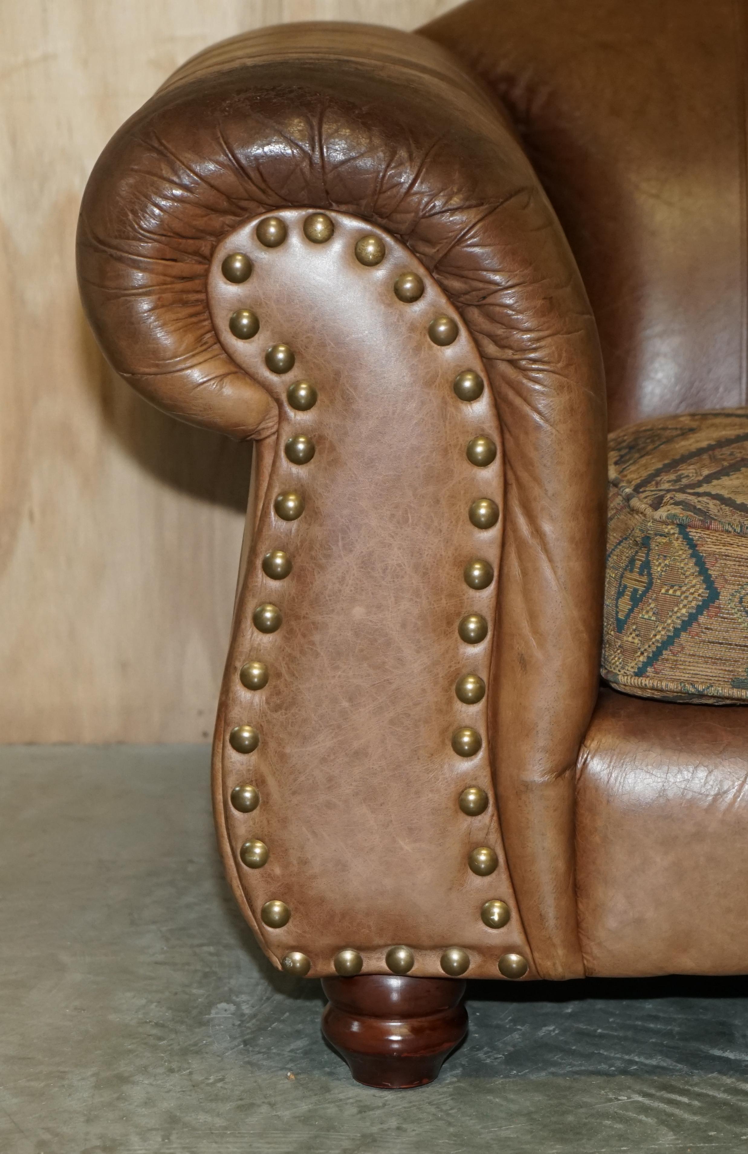 Pair of Vintage Scottish Castle Brown Leather Thomas Lloyd Sofas Kilim Cushions For Sale 2