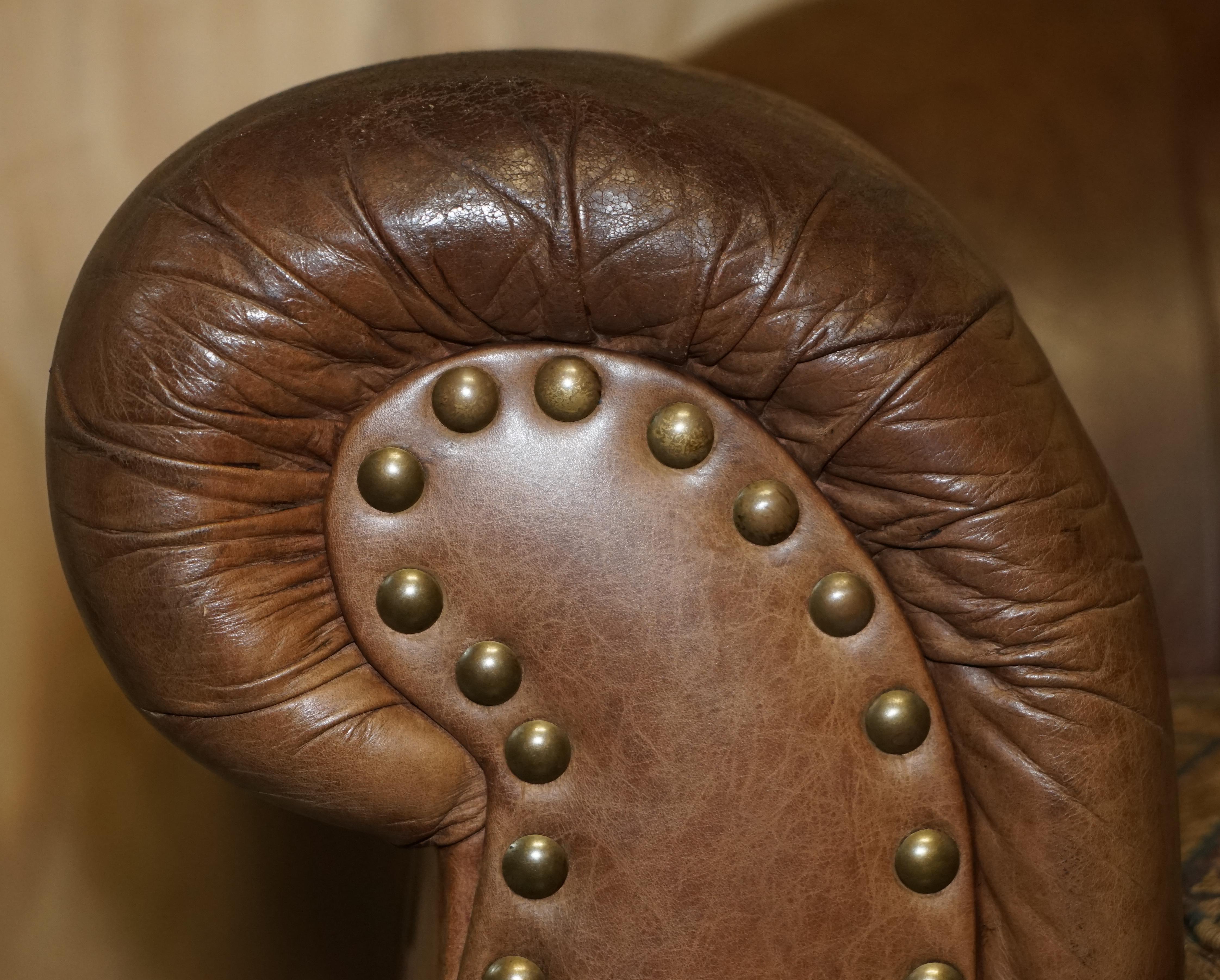 Pair of Vintage Scottish Castle Brown Leather Thomas Lloyd Sofas Kilim Cushions For Sale 3