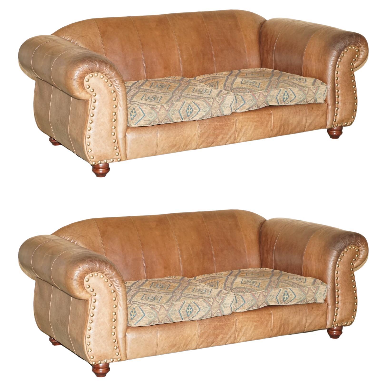 Pair of Vintage Scottish Castle Brown Leather Thomas Lloyd Sofas Kilim Cushions For Sale