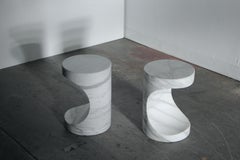 Pair of Vintage Sculpted Italian Carrara Marble Modernist Side Tables