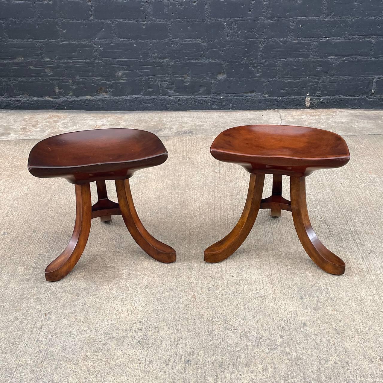 American Pair of Vintage Sculpted Mahogany Tripod Stools by Smith & Watson For Sale
