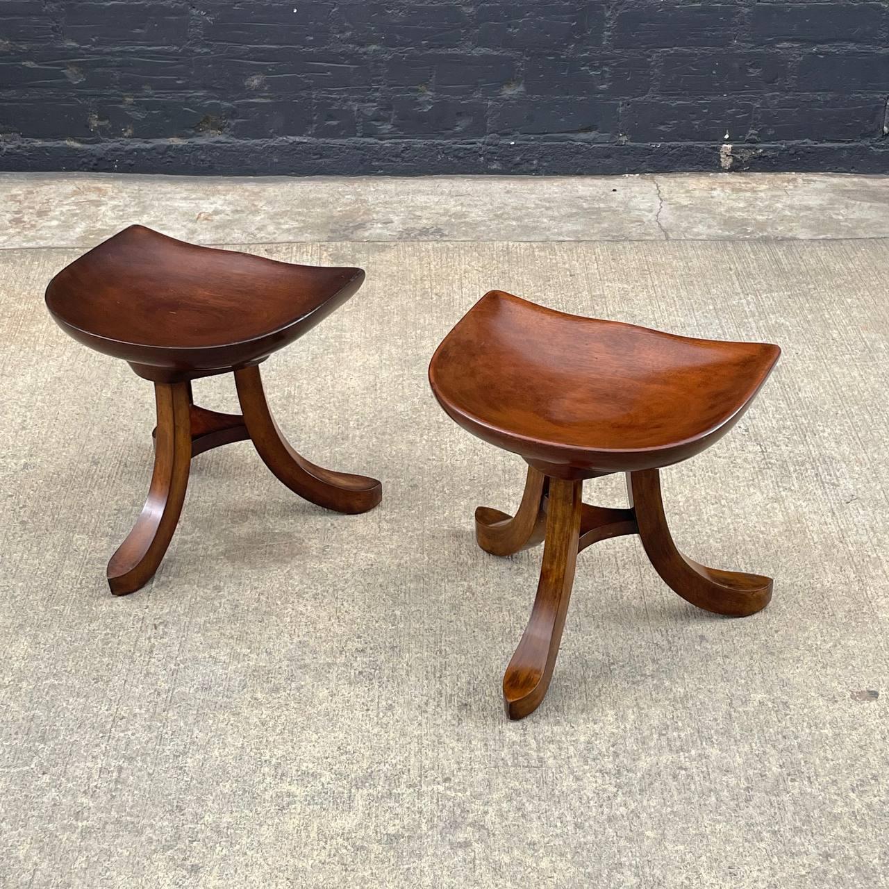 Mid-20th Century Pair of Vintage Sculpted Mahogany Tripod Stools by Smith & Watson For Sale