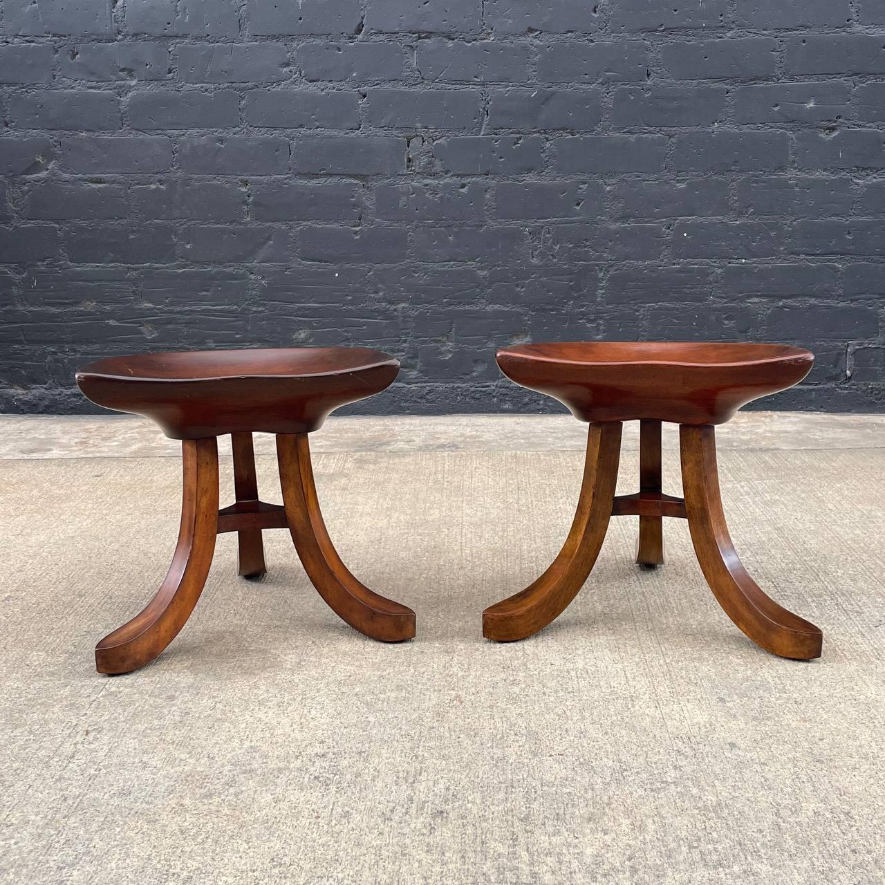 Pair of Vintage Sculpted Mahogany Tripod Stools by Smith & Watson For Sale 1