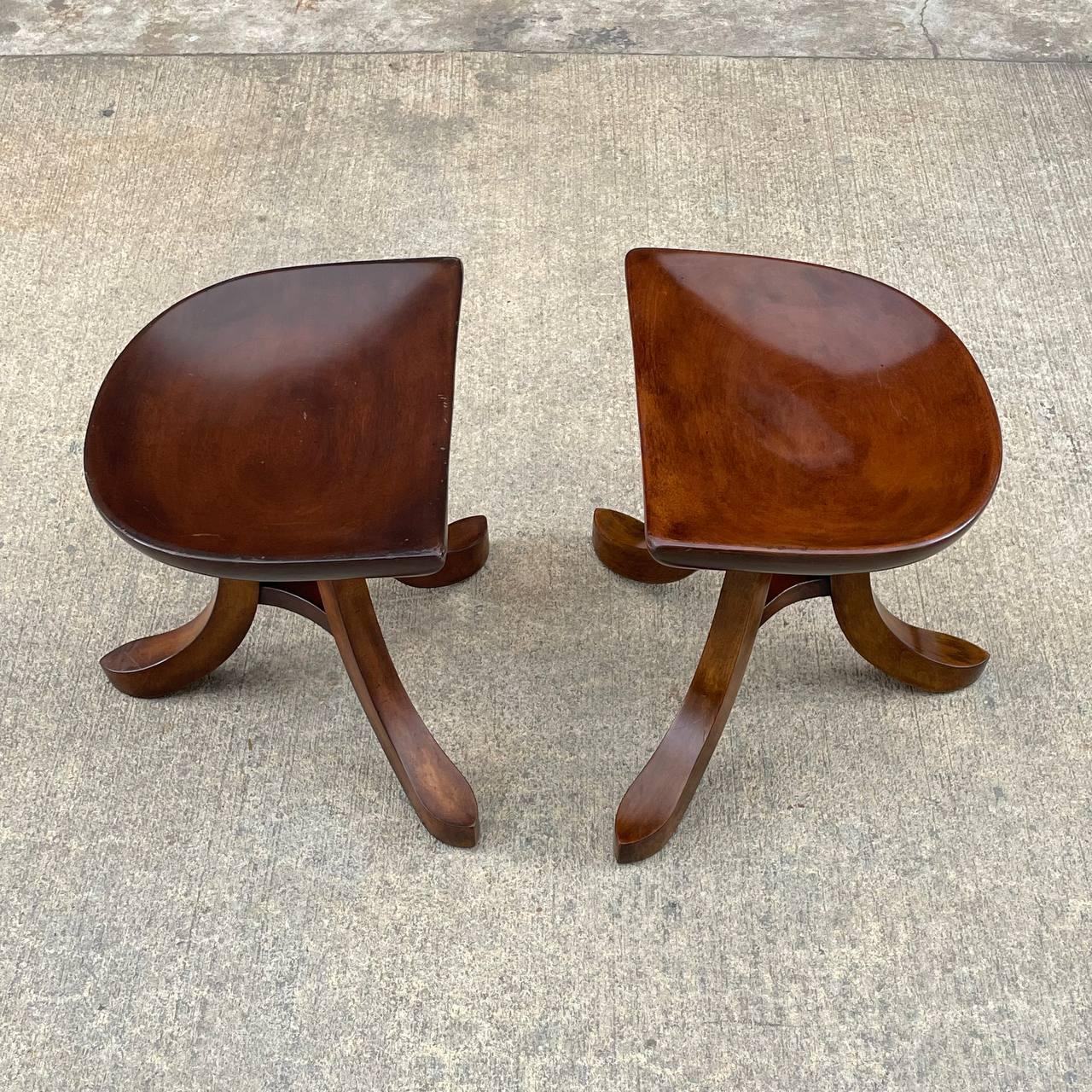 Pair of Vintage Sculpted Mahogany Tripod Stools by Smith & Watson For Sale 2