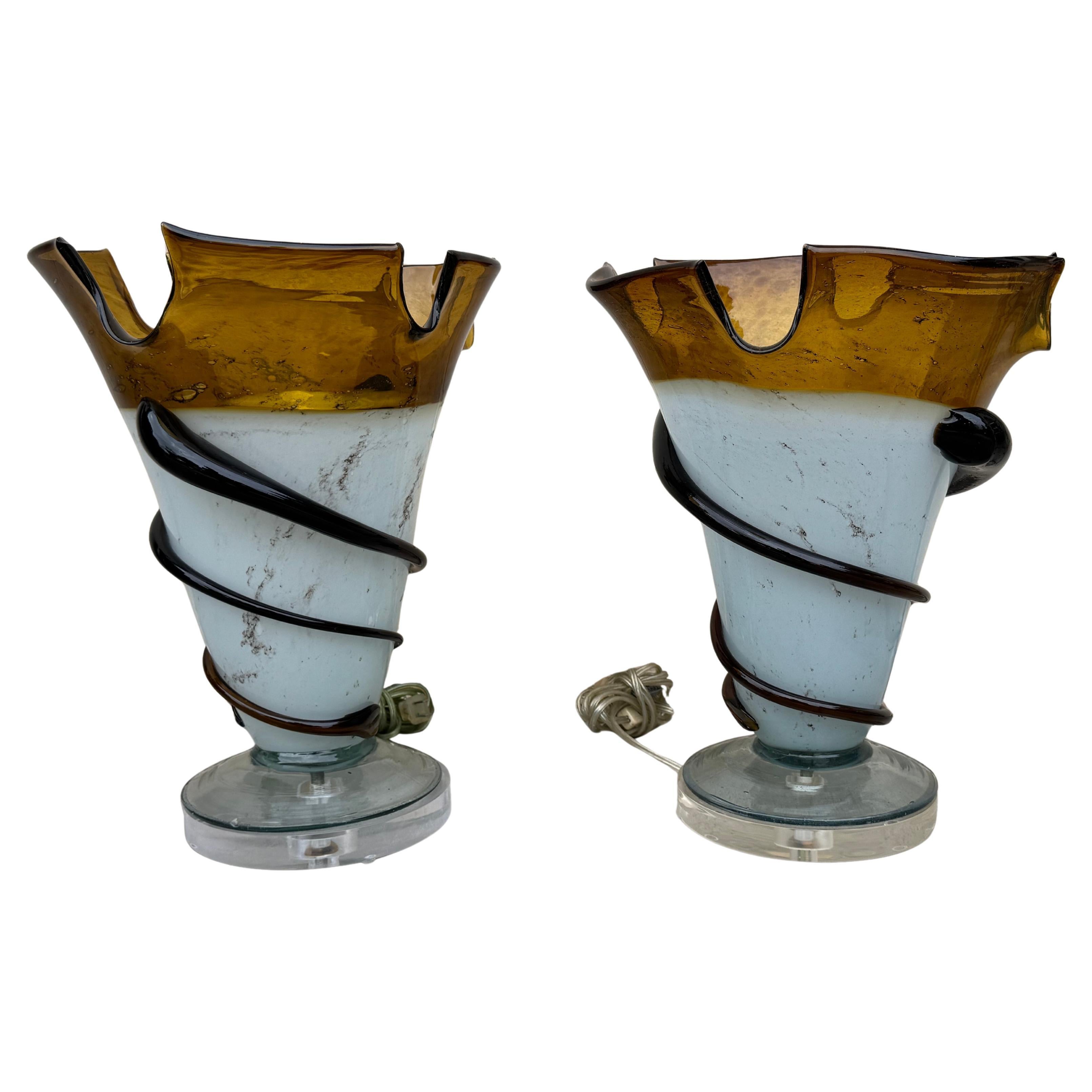 Pair of Vintage Sculptural Art Glass Table Lamps by Thumprints (Alison K. West) For Sale