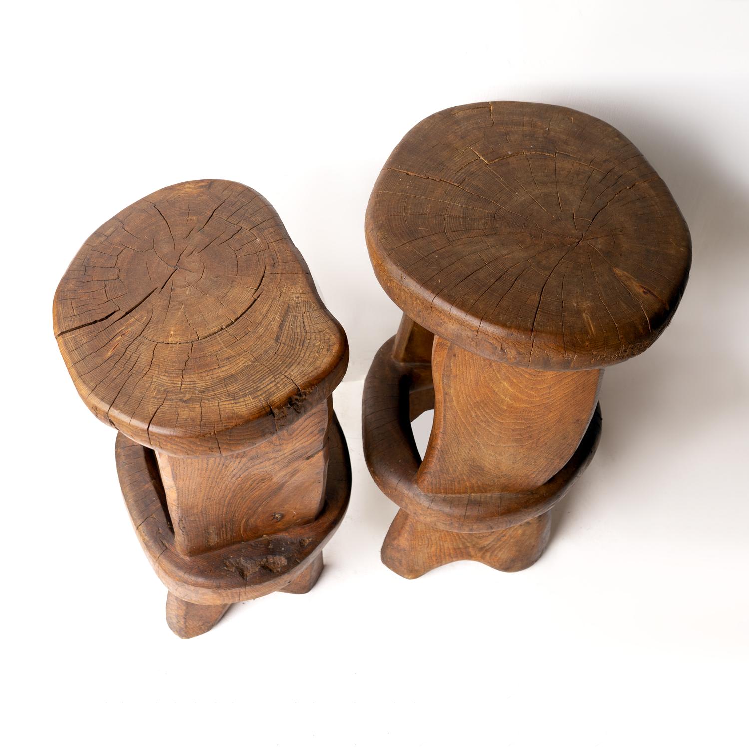Pair Of Vintage Sculptural Carved Solid Elm Stools By Maxie Lane 4