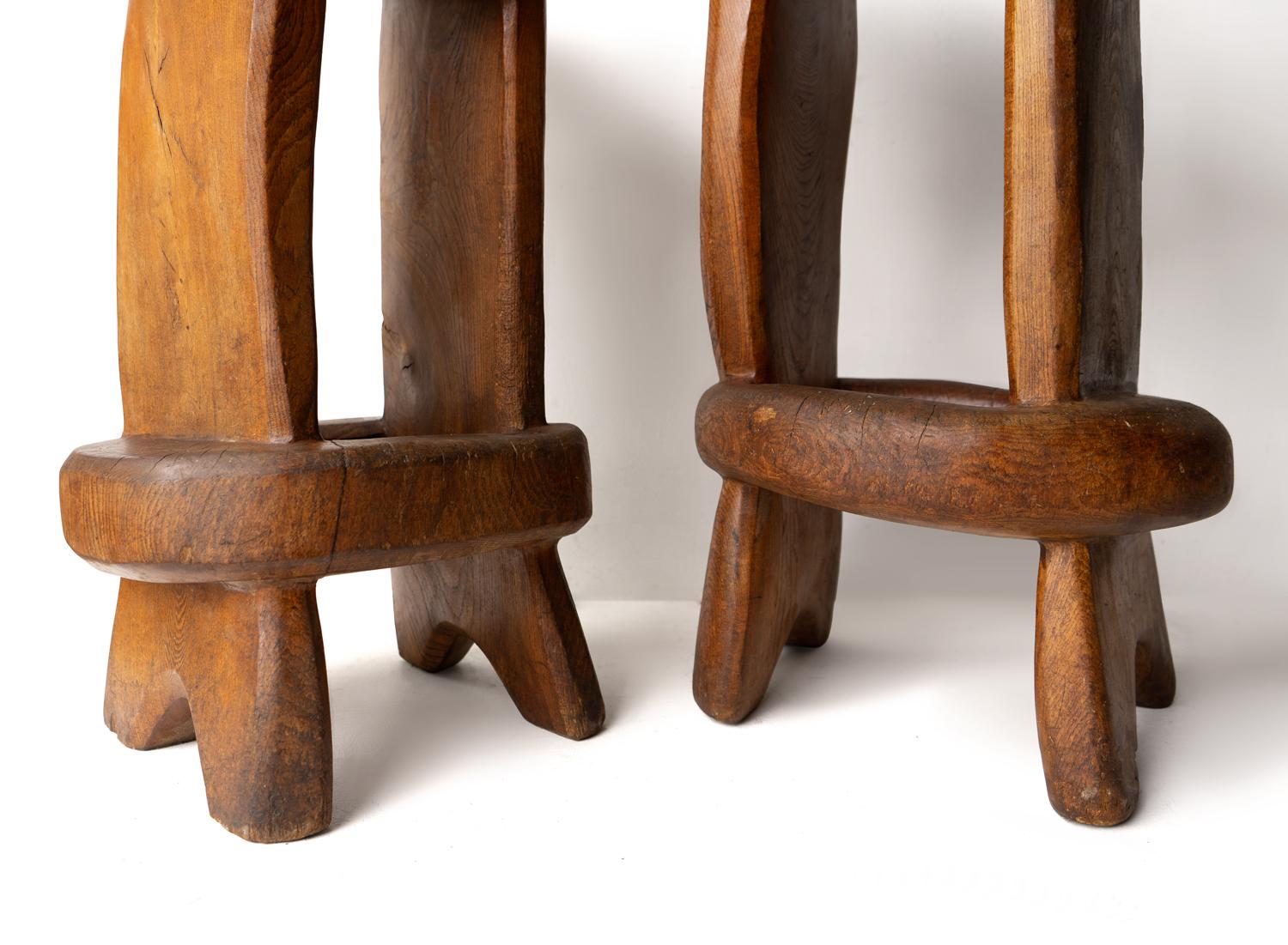 Pair Of Vintage Sculptural Carved Solid Elm Stools By Maxie Lane 5