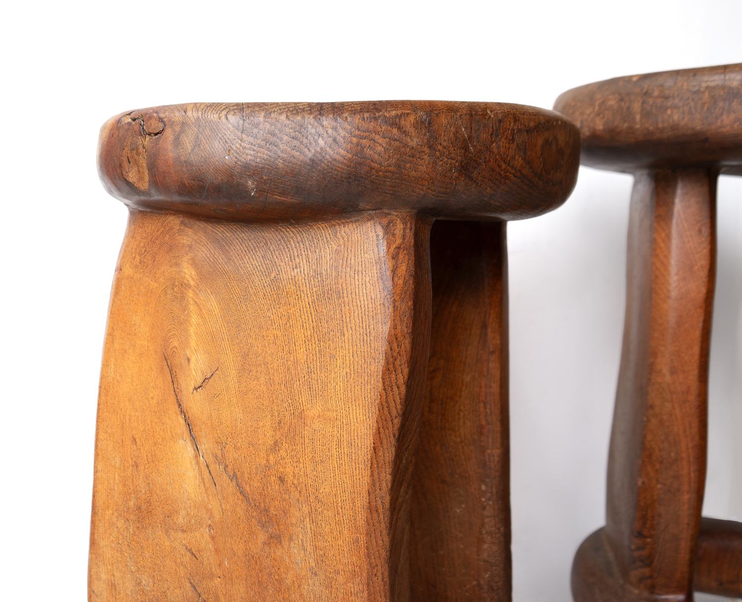 Pair Of Vintage Sculptural Carved Solid Elm Stools By Maxie Lane 6