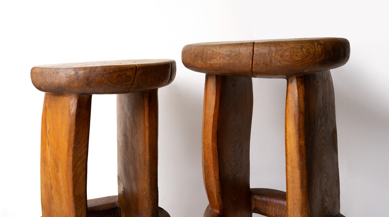 Pair Of Vintage Sculptural Carved Solid Elm Stools By Maxie Lane 7
